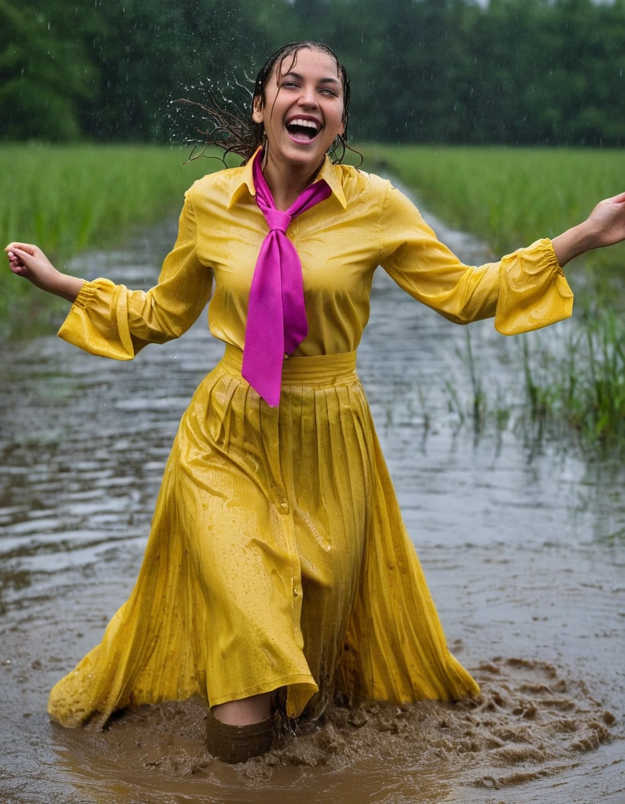 professional photo of young woman, in soaking wet, drenched clothes, wet clothes stuck to body, detailed textures of the wet clothes, wet face, wet plastered hair, wet, drenched, wet skin, damp fabric, wearing a yellow long sleeved blouse with a necktie and a pink maxi skirt, wearing heels, happy and joyful, dancing in heavy rain, muddy swamp environment, full body view, detailed fabric texture, sharp focus, photorealistic, ultra-detailed fabric texture, realistic colors, RAW photo, professionally color graded