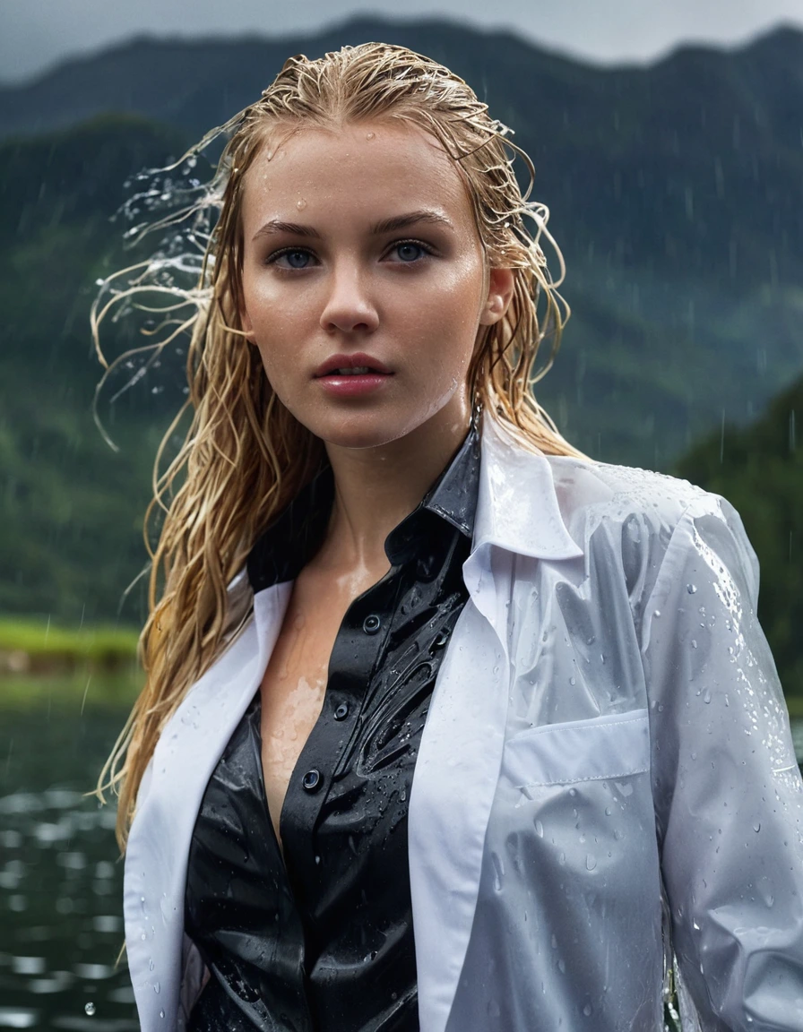 professional photo of young woman, 20 year old beautiful blonde, in soaking wet, drenched clothes, wet clothes stuck to body, detailed textures of the wet clothes, wet face, wet plastered hair, wet, drenched, wet skin, damp fabric, wearing a black business suit jacket with white button down business shirt longsleeve, black long business trouser, clothes are heavy and soaked with realistic structure and wet folds, breast deep submerged in water, standing under a big rainshower, looks confidently into camera, side parting long hair, swimming in a clear mountain lake, heavy rainstorm, dramatic lighting, rain droplets, full body view, detailed fabric texture, sharp focus, photorealistic, ultra-detailed fabric texture, realistic colors, RAW photo, professionally color graded