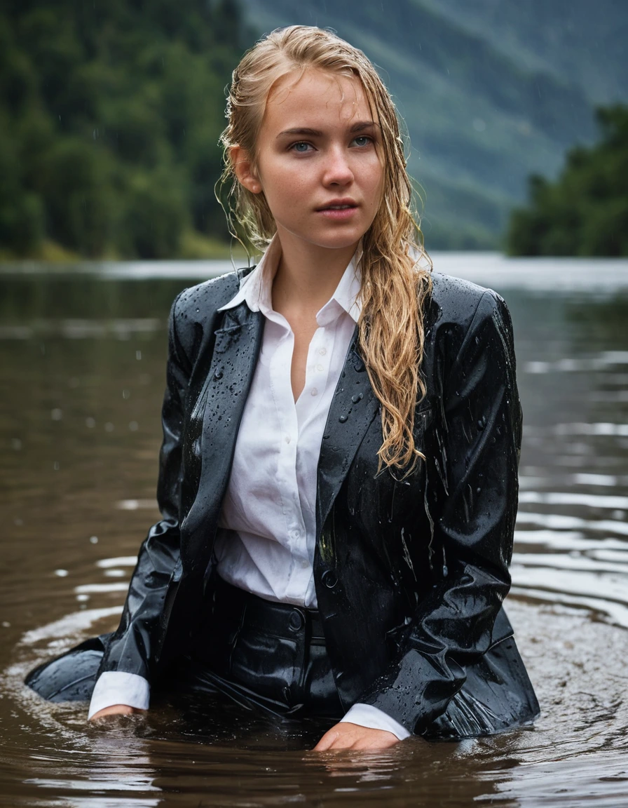 professional photo of young woman, 20 year old beautiful blonde, in soaking wet, drenched clothes, wet clothes stuck to body, detailed textures of the wet clothes, wet face, wet plastered hair, wet, drenched, wet skin, damp fabric, wearing Black Business Suit Jacket with white button down business shirt longsleeve, Black Long Business Trouser, soaked tailored fabric with realistic structure, absorbed water in cotton shirt, heavy fabric texture on trousers, breast deep submerged in a clear mountain lake, under a big rainshower, heavy rainstorm, looks confidently into camera, side parting long hair, rain storm, full body view, sharp focus, photorealistic, ultra-detailed fabric texture, realistic colors, RAW photo, professionally color graded