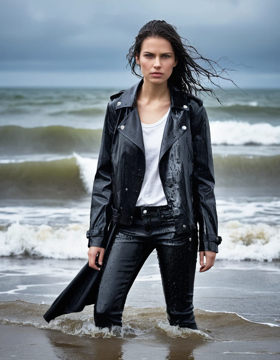 professional photo of young woman, in soaking wet, drenched clothes, wet clothes stuck to body, detailed textures of the wet clothes, wet face, wet plastered hair, wet, drenched, wet skin, damp fabric, wearing a water-drenched white oversize leather t-shirt, black leather jacket, saturated, black trench coat, skin tight black leather jeans, saturated, black leather ankle boots, soaked and glistening, streaming raindrops, fabric transparency, high-contrast water cling, water dripping from hem, standing in the waves at the beach, waves breaking, heavy rain at night, storm aftermath atmosphere, cinematic lighting, full body view, detailed fabric texture, sharp focus, photorealistic, ultra-detailed fabric texture, realistic colors, RAW photo, professionally color graded