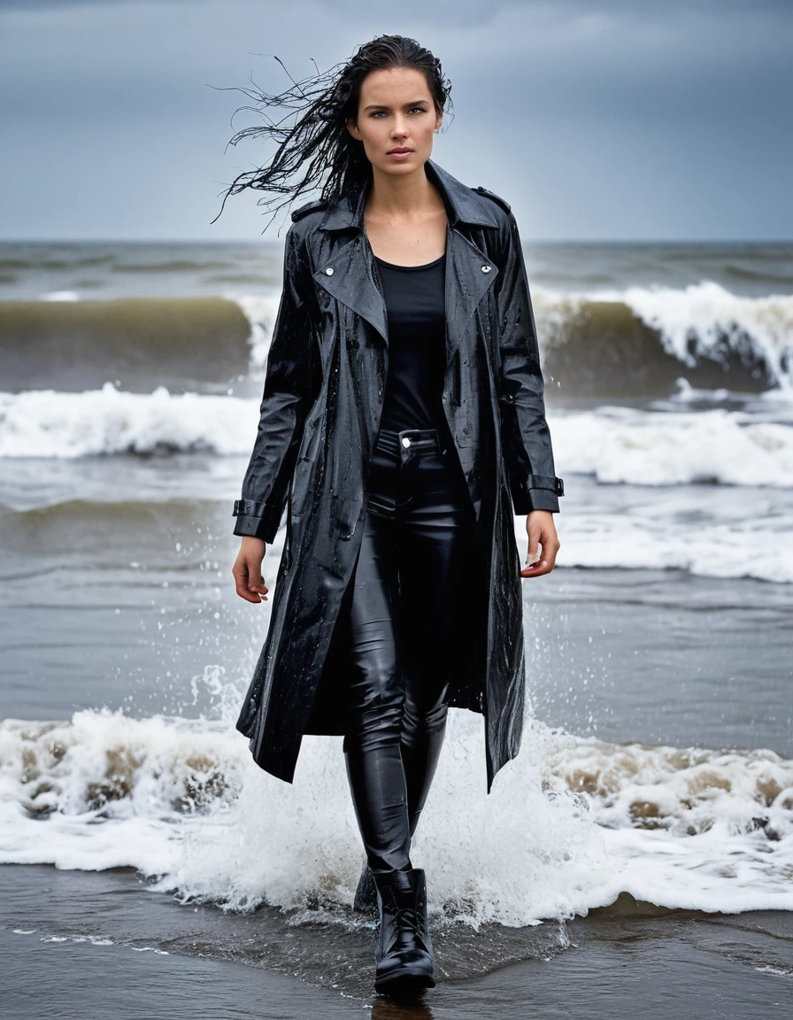 professional photo of young woman, in soaking wet, drenched clothes, wet clothes stuck to body, detailed textures of the wet clothes, wet face, wet plastered hair, wet, drenched, wet skin, damp fabric, wearing a water-drenched white oversize leather t-shirt, black leather jacket, saturated, black trench coat, skin tight black leather jeans, saturated, black leather ankle boots, soaked and glistening, streaming raindrops, fabric transparency, high-contrast water cling, water dripping from hem, standing in the waves at the beach, waves breaking, heavy rain at night, storm aftermath atmosphere, cinematic lighting, full body view, detailed fabric texture, sharp focus, photorealistic, ultra-detailed fabric texture, realistic colors, RAW photo, professionally color graded