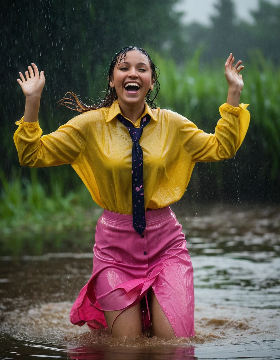 professional photo of young woman, in soaking wet, drenched clothes, wet clothes stuck to body, detailed textures of the wet clothes, wet face, wet plastered hair, wet, drenched, wet skin, damp fabric, wearing a yellow long sleeved blouse with a necktie and a pink maxi skirt, wearing heels, happy and joyful expression, dancing in heavy rain, muddy swamp environment, rain droplets, moody lighting, full body view, detailed fabric texture, sharp focus, photorealistic, ultra-detailed fabric texture, realistic colors, RAW photo, professionally color graded