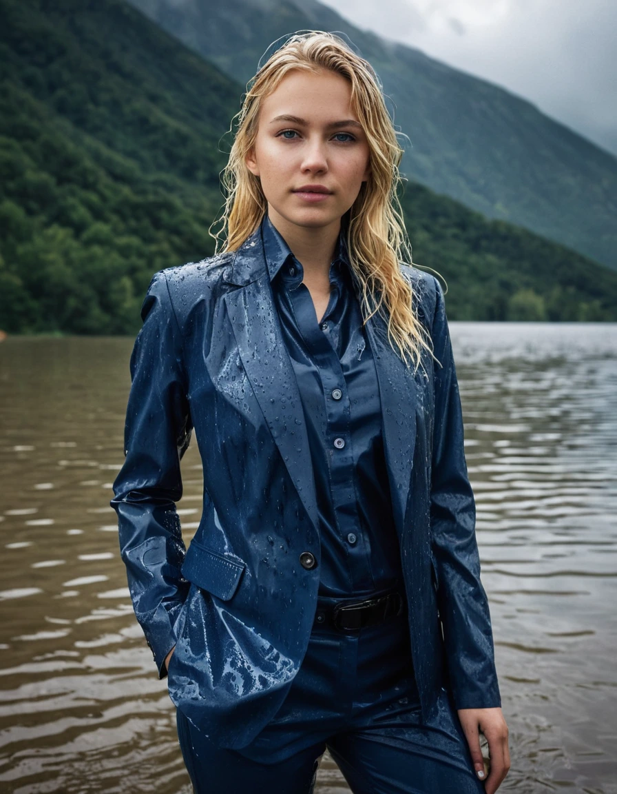 professional photo of young woman, 20 year old beautiful white blonde woman, in soaking wet, drenched clothes, wet clothes stuck to body, detailed textures of the wet clothes, wet face, wet plastered hair, wet, drenched, wet skin, damp fabric, side parting long hair, wearing a dark blue business suit jacket with light blue button down business shirt longsleeve and dark blue long business trouser, breast deep submerged in a clear mountain lake, heavy rainstorm, big rainshower, looks confidently into camera, full body view, detailed fabric texture, sharp focus, photorealistic, ultra-detailed fabric texture, realistic colors, RAW photo, professionally color graded