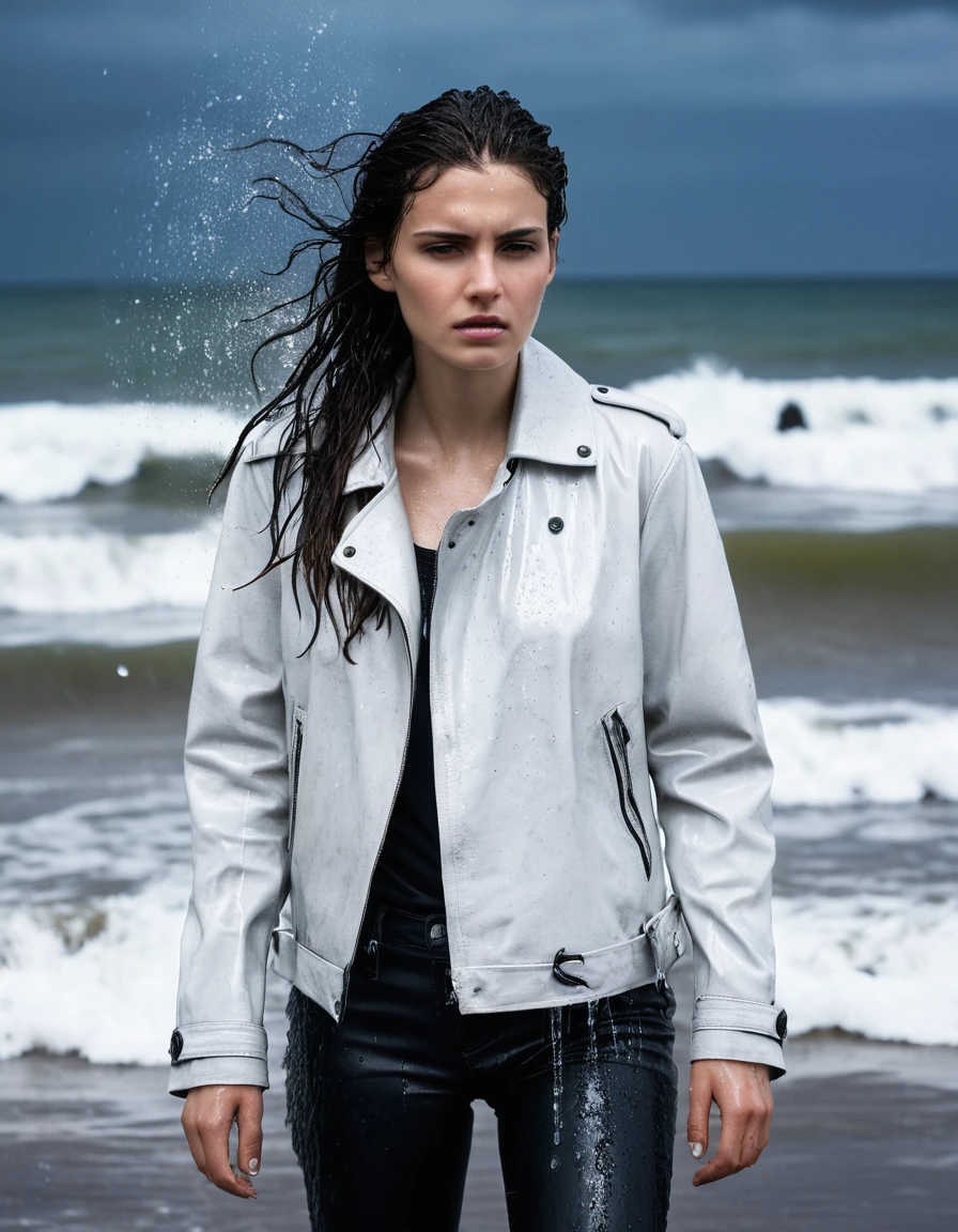 professional photo of young woman, in soaking wet, drenched clothes, wet clothes stuck to body, detailed textures of the wet clothes, wet face, wet plastered hair, wet, drenched, wet skin, damp fabric, streaming raindrops, fabric transparency, high-contrast water cling, water dripping from hem, wearing a water-drenched white oversize leather t-shirt, black leather jacket, saturated, black trench coat, skin tight black leather jeans, saturated, black leather ankle boots, soaked and glistening, standing in the waves at the beach, waves breaking, heavy rain at night, storm aftermath atmosphere, cinematic lighting, sharp focus, photorealistic, ultra-detailed fabric texture, realistic colors, RAW photo, professionally color graded