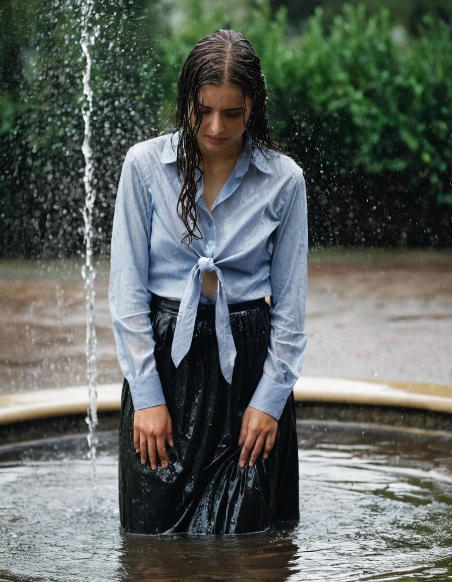 professional photo of young woman, in soaking wet, drenched clothes, wet clothes stuck to body, detailed textures of the wet clothes, wet face, wet plastered hair, wet, drenched, wet skin, damp fabric, depressed, crying, conservative, catholic, wearing a long sleeved blouse with a necktie and a maxi skirt, heels, soaking wet fabric with visible wet folds and absorbed water, standing in a fountain, water splashing, melancholic atmosphere, cinematic lighting, full body view, detailed fabric texture, sharp focus, photorealistic, ultra-detailed fabric texture, realistic colors, RAW photo, professionally color graded