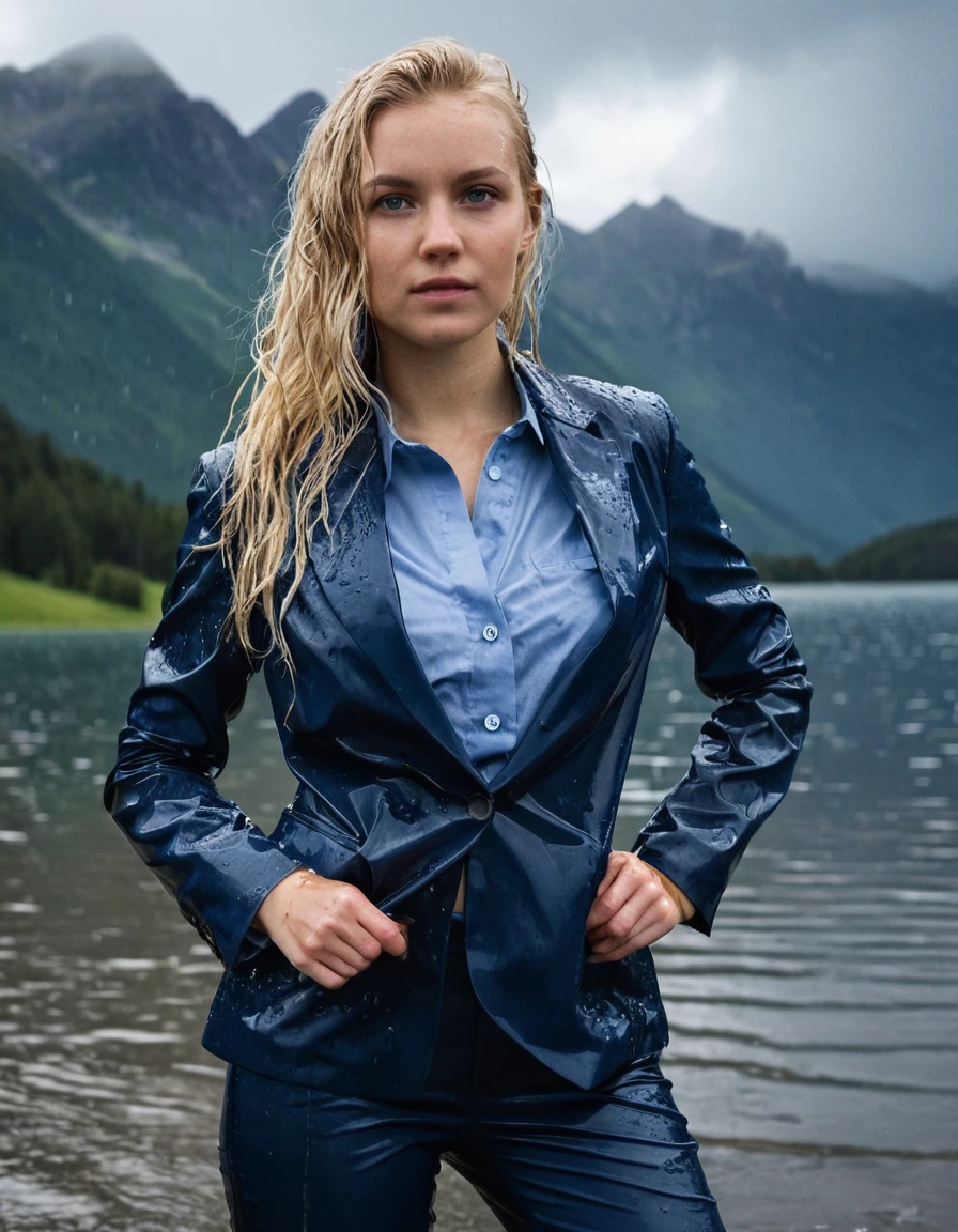 professional photo of young woman, 20 year old beautiful white blonde woman, in soaking wet, drenched clothes, wet clothes stuck to body, detailed textures of the wet clothes, wet face, wet plastered hair, wet, drenched, wet skin, damp fabric, side parting long hair, wearing a dark blue business suit jacket with light blue button down business shirt longsleeve and dark blue long business trouser, soaked tailored fabric, realistic structure, breast deep submerged, confident expression looking into camera, clear mountain lake, heavy rainstorm, heavy rain, atmospheric lighting, full body view, detailed fabric texture, sharp focus, photorealistic, ultra-detailed fabric texture, realistic colors, RAW photo, professionally color graded