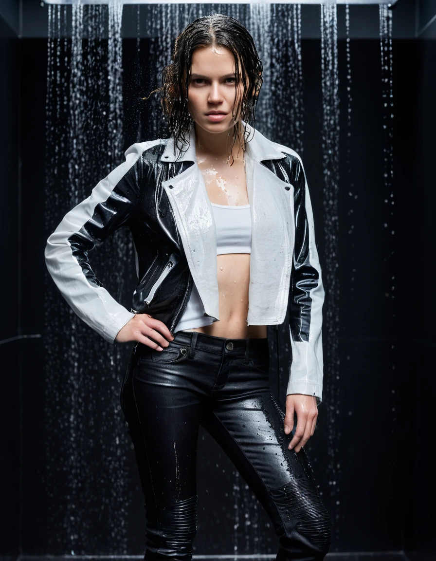 professional photo of young woman, in soaking wet, drenched clothes, wet clothes stuck to body, detailed textures of the wet clothes, wet face, wet plastered hair, wet, drenched, wet skin, damp fabric, wearing a water-drenched white latex shirt with fabric transparency, a black leather jacket, and skin tight black leather jeans, all saturated, wearing black leather ankle boots, soaked and glistening, standing under a shower with water flowing from head to toe, water dripping from hem, streaming raindrops, high-contrast water cling, storm aftermath atmosphere, cinematic lighting, close up, sharp focus, photorealistic, ultra-detailed fabric texture, realistic colors, RAW photo, professionally color graded