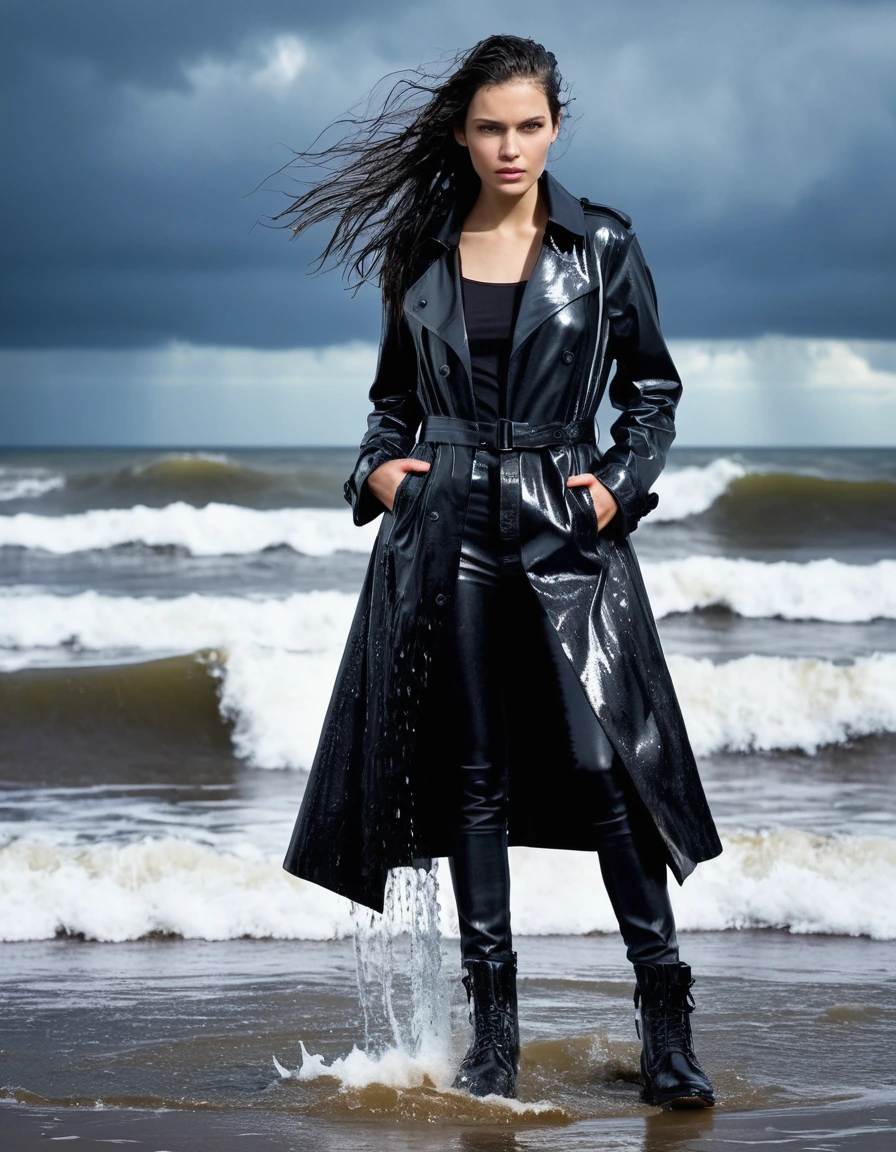 professional photo of young woman, in soaking wet, drenched clothes, wet clothes stuck to body, detailed textures of the wet clothes, wet face, wet plastered hair, wet, drenched, wet skin, damp fabric, wearing a water-drenched black oversize latex shirt, black leather jacket, saturated, black trench coat, skin tight black leather jeans, saturated, black leather ankle boots, soaked and glistening, streaming raindrops, fabric transparency, high-contrast water cling, water dripping from hem, standing in the waves at the beach, waves breaking, heavy rain at night, storm aftermath atmosphere, cinematic lighting, full body view, sharp focus, photorealistic, ultra-detailed fabric texture, realistic colors, RAW photo, professionally color graded