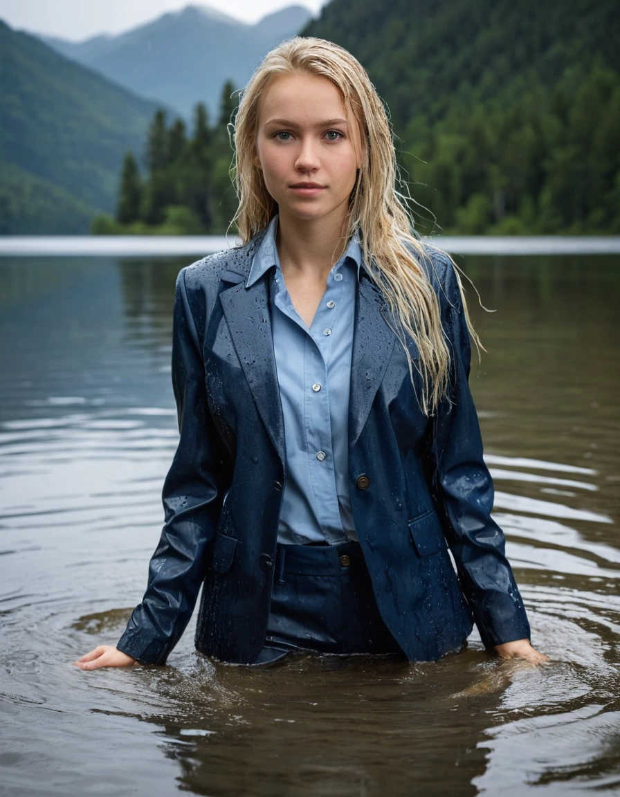 professional photo of young woman, 20 year old beautiful white blonde woman with long hair and side parting, in soaking wet, drenched clothes, wet clothes stuck to body, detailed textures of the wet clothes, wet face, wet plastered hair, wet skin, damp fabric, wearing a dark blue business suit jacket over a light blue button down business shirt longsleeve and dark blue long business trouser, breast deep submerged in a clear mountain lake, heavy rainstorm with big rainshower, she looks confidently into camera, full body view, detailed fabric texture, sharp focus, photorealistic, ultra-detailed fabric texture, realistic colors, RAW photo, professionally color graded