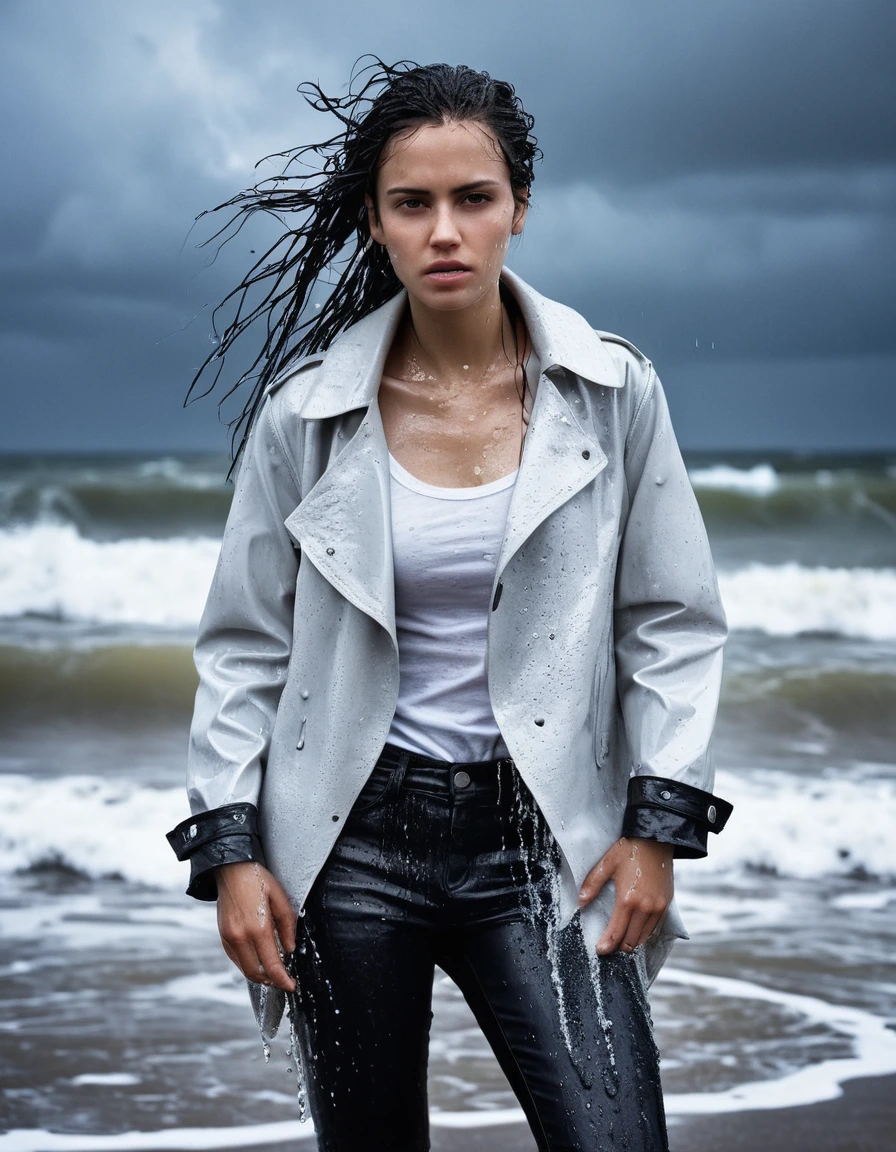 professional photo of young woman, in soaking wet, drenched clothes, wet clothes stuck to body, detailed textures of the wet clothes, wet face, wet plastered hair, wet, drenched, wet skin, damp fabric, streaming raindrops, fabric transparency, high-contrast water cling, water dripping from hem, wearing a water-drenched white oversize leather t-shirt, black leather jacket, saturated, black trench coat, skin tight black leather jeans, saturated, black leather ankle boots, soaked and glistening, standing in the waves at the beach, waves breaking, heavy rain at night, storm aftermath atmosphere, cinematic lighting, close up, sharp focus, photorealistic, ultra-detailed fabric texture, realistic colors, RAW photo, professionally color graded