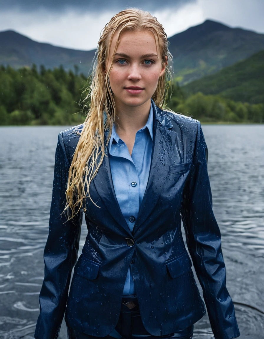 professional photo of young woman, 20 year old beautiful white blonde woman with side parting long hair, in soaking wet, drenched clothes, wet clothes stuck to body, detailed textures of the wet clothes, wet face, wet plastered hair, wet, drenched, wet skin, damp fabric, wearing a dark blue business suit jacket with light blue button down business shirt longsleeve and dark blue long business trouser, clothes are soaked tailored fabric showing heavy wet folds and absorbed water, breast deep submerged in water, confidently looking into camera, clear mountain lake environment with heavy rainstorm, heavy rain, dramatic atmosphere, full body view, detailed fabric texture, sharp focus, photorealistic, ultra-detailed fabric texture, realistic colors, RAW photo, professionally color graded