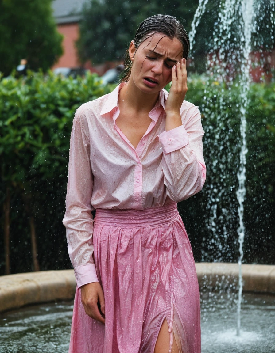 professional photo of young woman, in soaking wet, drenched clothes, wet clothes stuck to body, detailed textures of the wet clothes, wet face, wet plastered hair, wet, drenched, wet skin, damp fabric, very conservative looking, wearing a buttoned up to the neck long sleeved blouse and a pink maxi skirt, wearing heels, crying with a depressed expression, throwing a tantrum, standing in a fountain, water splashing, full body view, detailed fabric texture, sharp focus, photorealistic, ultra-detailed fabric texture, realistic colors, RAW photo, professionally color graded