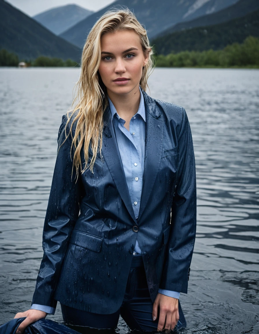 professional photo of young woman, 20 year old beautiful white blonde woman, in soaking wet, drenched clothes, wet clothes stuck to body, detailed textures of the wet clothes, wet face, wet plastered hair, wet, drenched, wet skin, damp fabric, long hair with side parting, wearing a dark blue business suit jacket with light blue button down business shirt longsleeve and dark blue long business trouser, clothes are soaked tailored fabric with visible wet folds and heavy fabric texture, breast deep submerged in a clear mountain lake, confidently looking into camera, under a heavy rainstorm with big rainshower, cinematic atmosphere, full body view, sharp focus, photorealistic, ultra-detailed fabric texture, realistic colors, RAW photo, professionally color graded