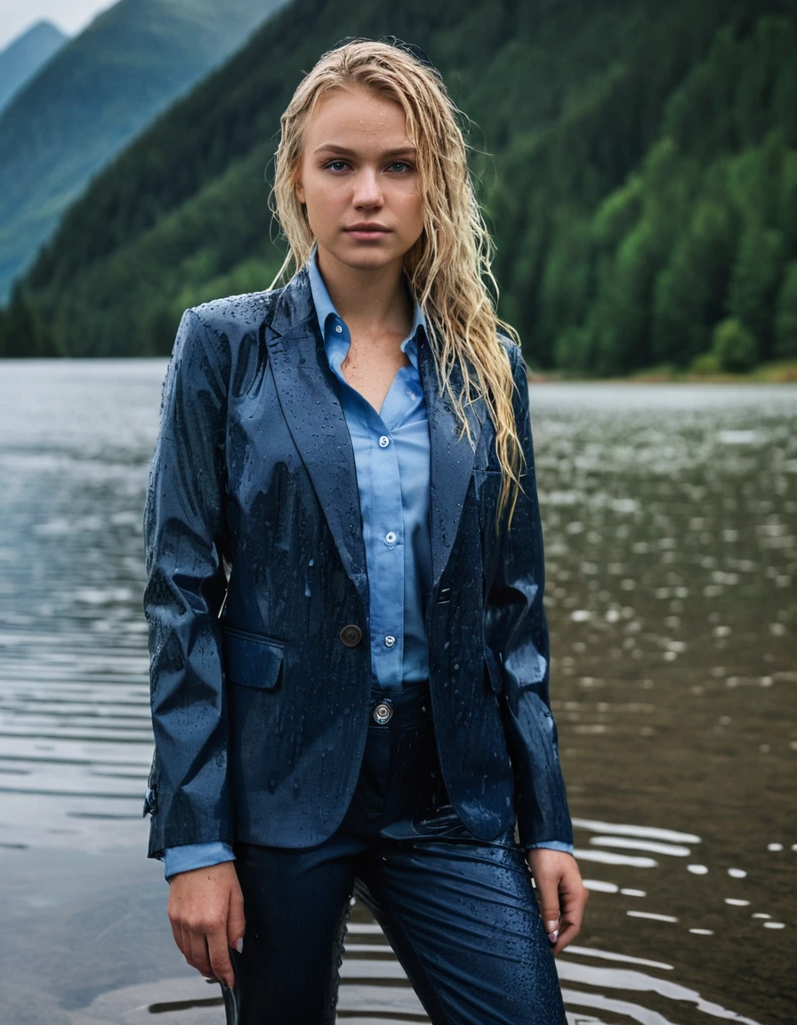 professional photo of young woman, 20 year old beautiful white blonde woman, in soaking wet, drenched clothes, wet clothes stuck to body, detailed textures of the wet clothes, wet face, wet plastered hair, wet, drenched, wet skin, damp fabric, side parting long hair, wearing a dark blue business suit jacket with light blue button down business shirt longsleeve and dark blue long business trouser, breast deep submerged in a clear mountain lake, heavy rainstorm, big rainshower, confident expression, looking into camera, full body view, detailed fabric texture, sharp focus, photorealistic, ultra-detailed fabric texture, realistic colors, RAW photo, professionally color graded