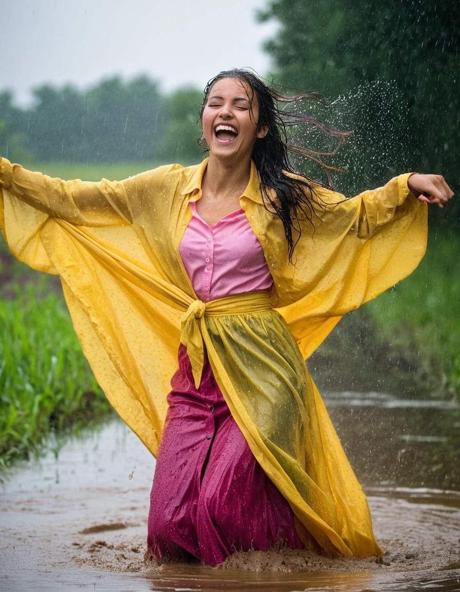 professional photo of young woman, in soaking wet, drenched clothes, wet clothes stuck to body, detailed textures of the wet clothes, wet face, wet plastered hair, wet, drenched, wet skin, damp fabric, wearing a yellow long sleeved blouse with necktie and pink maxi skirt, wearing heels, happy and joyful expression, dancing in heavy rain, in a muddy swamp, full body view, detailed fabric texture, sharp focus, photorealistic, ultra-detailed fabric texture, realistic colors, RAW photo, professionally color graded