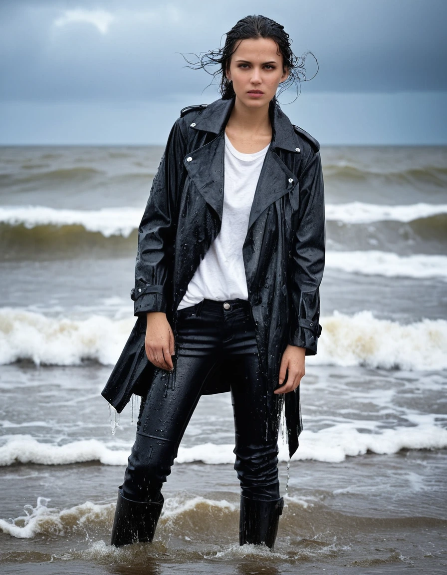 professional photo of young woman, in soaking wet, drenched clothes, wet clothes stuck to body, detailed textures of the wet clothes, wet face, wet plastered hair, wet, drenched, wet skin, damp fabric, wearing a water-drenched white oversize leather t-shirt, black leather jacket, saturated, black trench coat, skin tight black leather jeans, saturated, black leather ankle boots, soaked and glistening, streaming raindrops, fabric transparency, high-contrast water cling, water dripping from hem, standing in the waves at the beach, waves breaking, heavy rain at night, storm aftermath atmosphere, cinematic lighting, full body view, sharp focus, photorealistic, ultra-detailed fabric texture, realistic colors, RAW photo, professionally color graded
