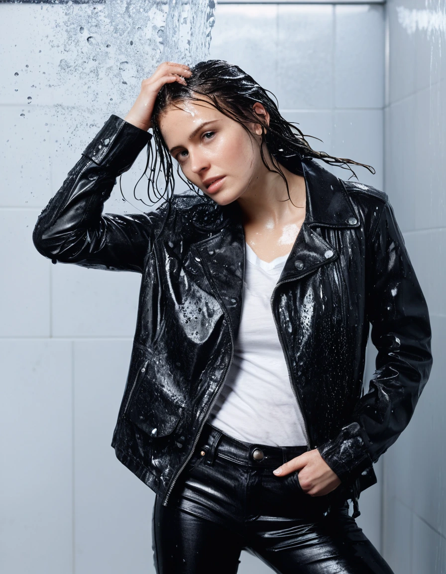professional photo of young woman, in soaking wet, drenched clothes, wet clothes stuck to body, detailed textures of the wet clothes, wet face, wet plastered hair, wet, drenched, wet skin, damp fabric, standing under a shower with water flowing from head to toe, wearing a water-drenched white latex shirt, black leather jacket, skin tight black leather jeans, saturated, and black leather ankle boots, soaked and glistening, streaming raindrops, fabric transparency, high-contrast water cling, water dripping from hem, storm aftermath atmosphere, cinematic lighting, close up, sharp focus, photorealistic, ultra-detailed fabric texture, realistic colors, RAW photo, professionally color graded