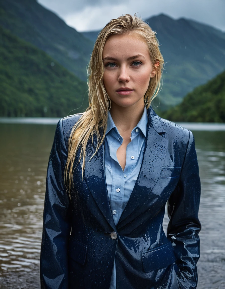 professional photo of young woman, 20 year old beautiful white blonde woman, in soaking wet, drenched clothes, wet clothes stuck to body, detailed textures of the wet clothes, wet face, wet plastered hair, wet, drenched, wet skin, damp fabric, long hair with side parting, wearing a dark blue business suit jacket with light blue button down business shirt longsleeve and dark blue long business trouser, breast deep submerged in a clear mountain lake, heavy rainstorm, big rainshower, confident facial expression looking into camera, cinematic lighting, dramatic atmosphere, full body view, detailed fabric texture, sharp focus, photorealistic, ultra-detailed fabric texture, realistic colors, RAW photo, professionally color graded