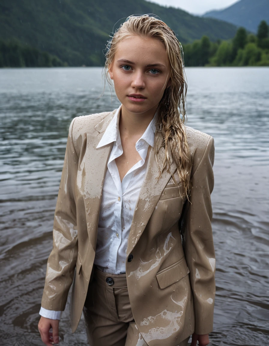 professional photo of young woman, 20 year old beautiful blonde, in soaking wet, drenched clothes, wet clothes stuck to body, detailed textures of the wet clothes, wet face, wet plastered hair, wet, drenched, wet skin, damp fabric, side parting long hair, wearing a beige business suit jacket over a white button down business shirt longsleeve and beige long business trouser, clothes are soaked tailored fabric with wet folds and visible water absorption, breast deep submerged, stands confidently looking into camera, clear mountain lake, heavy rain storm, cinematic lighting, full body view, detailed fabric texture, sharp focus, photorealistic, ultra-detailed fabric texture, realistic colors, RAW photo, professionally color graded