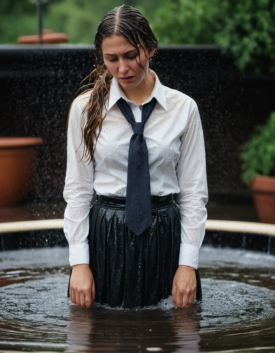 professional photo of young woman, in soaking wet, drenched clothes, wet clothes stuck to body, detailed textures of the wet clothes, wet face, wet plastered hair, wet, drenched, wet skin, damp fabric, conservative catholic aesthetic, crying, depressed, wearing long sleeved white blouse, necktie, and maxi buttoned skirt, heels, damp cotton texture, wet folds, absorbed water, standing in a fountain, water splashing, cinematic lighting, full body view, detailed fabric texture, sharp focus, photorealistic, ultra-detailed fabric texture, realistic colors, RAW photo, professionally color graded