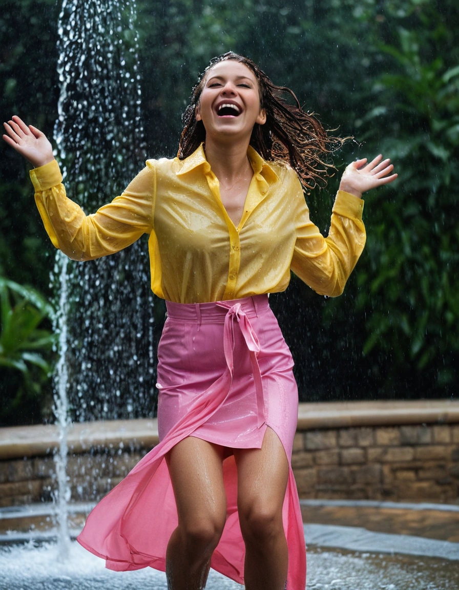 professional photo of young woman, in soaking wet, drenched clothes, wet clothes stuck to body, detailed textures of the wet clothes, wet face, wet plastered hair, wet, drenched, wet skin, damp fabric, wearing a yellow long sleeved blouse with a necktie and a pink maxi skirt, wearing heels, happy and joyful expression, dancing in heavy rain, standing in a fountain, water splashing, droplets on skin, cinematic lighting, full body view, sharp focus, photorealistic, ultra-detailed fabric texture, realistic colors, RAW photo, professionally color graded
