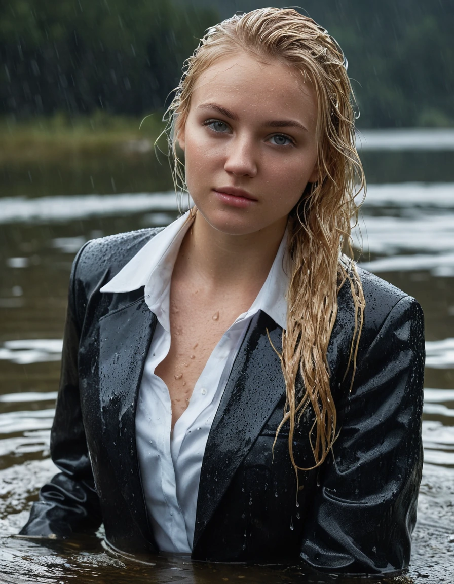 professional photo of young woman, 20 year old beautiful blonde, in soaking wet, drenched clothes, wet clothes stuck to body, detailed textures of the wet clothes, wet face, wet plastered hair, wet, drenched, wet skin, damp fabric, side parting long hair, wearing a black business suit jacket with white button down business shirt longsleeve and black long business trouser, breast deep submerged, looks confidently into camera, swimming in a clear mountain lake during a heavy rainstorm, rain droplets, moody atmosphere, cinematic lighting, full body view, detailed fabric texture, sharp focus, photorealistic, ultra-detailed fabric texture, realistic colors, RAW photo, professionally color graded