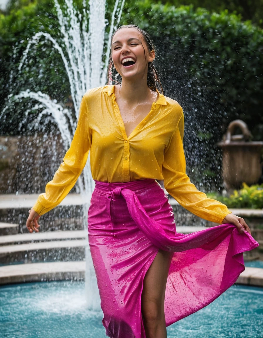 professional photo of young woman, in soaking wet, drenched clothes, wet clothes stuck to body, detailed textures of the wet clothes, wet face, wet plastered hair, wet, drenched, wet skin, damp fabric, wearing a yellow long sleeved blouse and a pink maxi skirt, wearing heels, happy and joyful expression, standing in a fountain, water splashing, full body view, detailed fabric texture, sharp focus, photorealistic, ultra-detailed fabric texture, realistic colors, RAW photo, professionally color graded