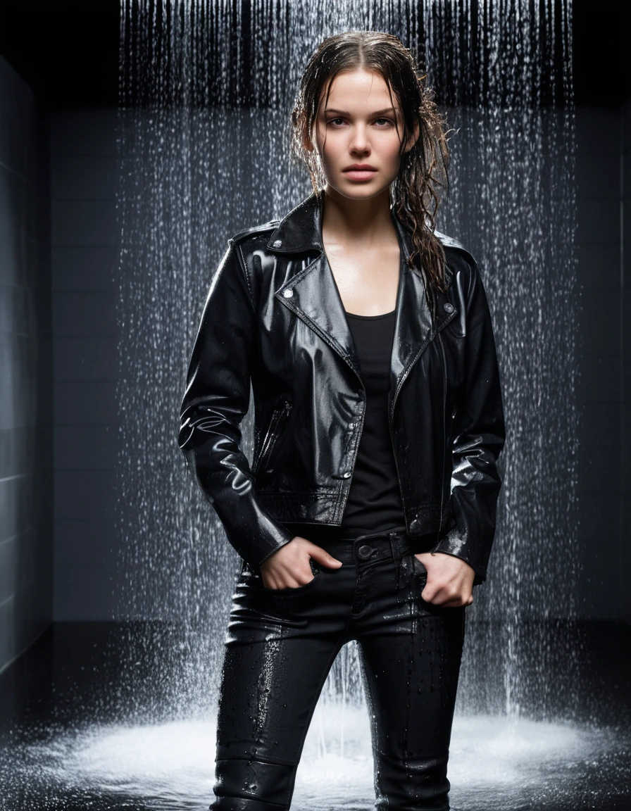 professional photo of young woman, in soaking wet, drenched clothes, wet clothes stuck to body, detailed textures of the wet clothes, wet face, wet plastered hair, wet, drenched, wet skin, damp fabric, wearing a water-drenched white latex shirt, black leather jacket, saturated, skin tight black leather jeans, saturated, and black leather ankle boots, soaked and glistening, standing under a shower, streaming raindrops, fabric transparency, high-contrast water cling, water dripping from hem, storm aftermath atmosphere, cinematic lighting, close up, sharp focus, photorealistic, ultra-detailed fabric texture, realistic colors, RAW photo, professionally color graded