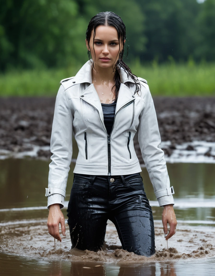 photo of young woman, in soaking wet, drenched clothes,
Black leather ankle boots, soaked and glistening , skin tight black leather jeans, saturated, water-drenched white latex shirt, black leather jacket, saturated, lying submerged in a mud pool in a field, covered in mud, heavy rain, drenched, close up, mud up to shoulders, 
enjoying, wet clothes stuck to body,
detailed textures of the wet clothes, wet face, wet plastered hair,
wet, drenched, professional, high-quality details, full body view.
sharp focus, ultra-high pixel detail, realistic, high-quality, full colors, incredibly detailed, 4k, 8k, 16k, hyper-realistic, RAW photo, masterpiece, ultra-detailed, professionally color graded, professional photograph, streaming raindrops, fabric transparency, high-contrast water cling, cinematic lighting, photorealistic, 8k, water dripping from hem, storm aftermath atmosphere, wet skin, wet clothes, damp fabric