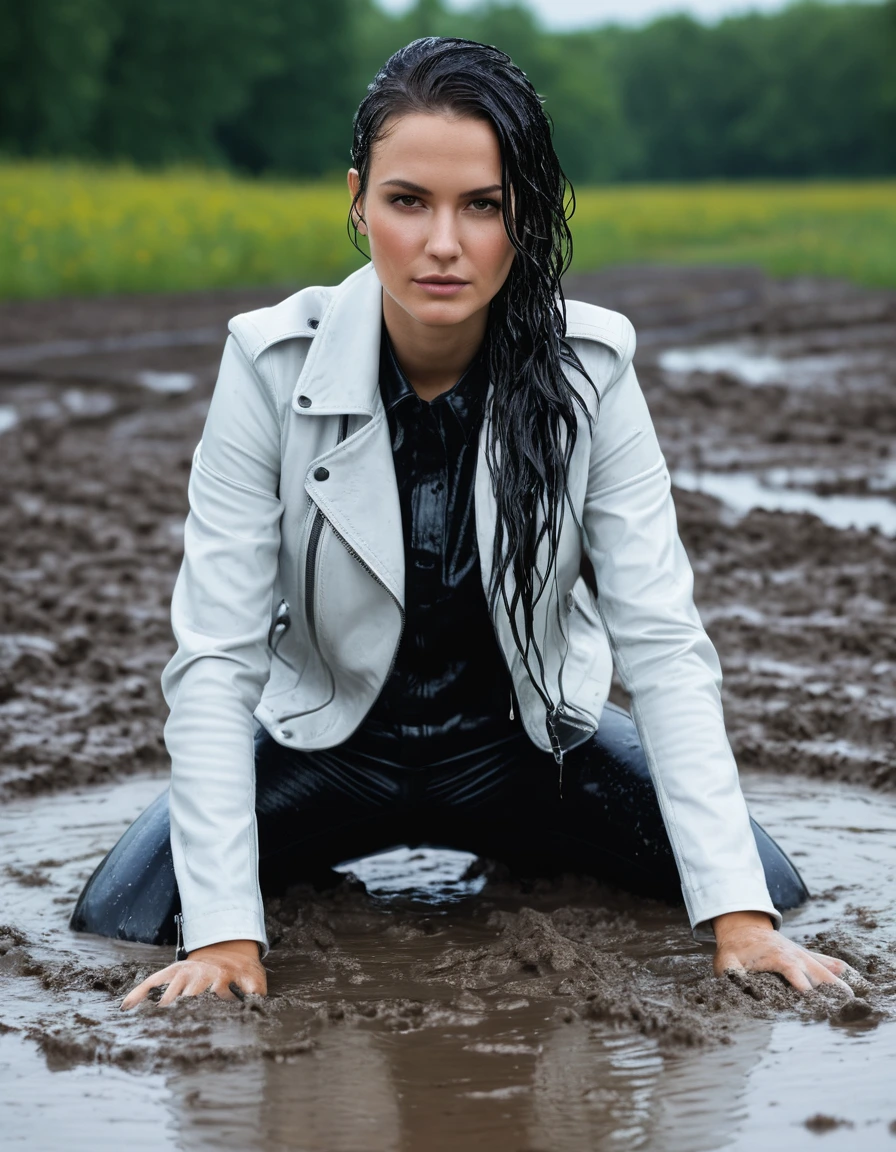 photo of young woman, in soaking wet, drenched clothes,
Black leather ankle boots, soaked and glistening , skin tight black leather jeans, saturated, water-drenched white latex shirt, black leather jacket, saturated, lying submerged in a mud pool in a field, covered in mud, heavy rain, drenched, close up, mud up to shoulders, 
enjoying, wet clothes stuck to body,
detailed textures of the wet clothes, wet face, wet plastered hair,
wet, drenched, professional, high-quality details, full body view.
sharp focus, ultra-high pixel detail, realistic, high-quality, full colors, incredibly detailed, 4k, 8k, 16k, hyper-realistic, RAW photo, masterpiece, ultra-detailed, professionally color graded, professional photograph, streaming raindrops, fabric transparency, high-contrast water cling, cinematic lighting, photorealistic, 8k, water dripping from hem, storm aftermath atmosphere, wet skin, wet clothes, damp fabric