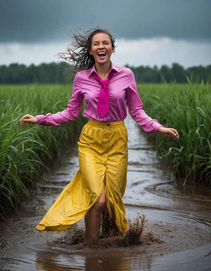 professional photo of young woman, in soaking wet, drenched clothes, wet clothes stuck to body, detailed textures of the wet clothes, wet face, wet plastered hair, wet, drenched, wet skin, damp fabric, wearing a yellow long sleeved blouse with necktie and a pink maxi skirt, heels, happy and joyful expression, dancing in heavy rain, muddy swamp environment, cinematic lighting, stormy atmosphere, full body view, detailed fabric texture, sharp focus, photorealistic, ultra-detailed fabric texture, realistic colors, RAW photo, professionally color graded