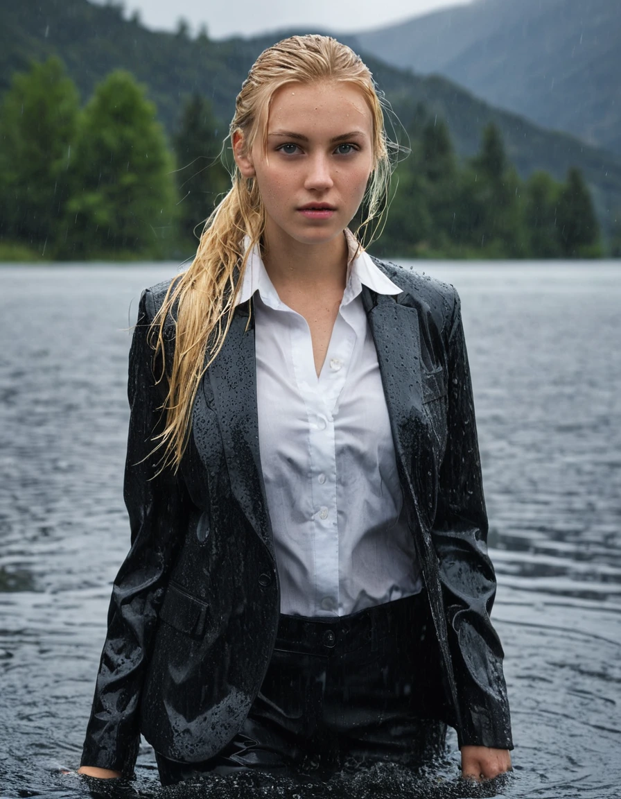 professional photo of young woman, 20 year old beautiful blonde, side parting long hair, in soaking wet, drenched clothes, wet clothes stuck to body, detailed textures of the wet clothes, wet face, wet plastered hair, wet skin, damp fabric, wearing a black business suit jacket with white button down business shirt longsleeve and black long business trouser, clothes are soaked tailored fabric with realistic structure, breast deep submerged, looks confidently into camera, swimming in a clear mountain lake during a heavy rainstorm, heavy rain, under a big rainshower, cinematic lighting, dramatic atmosphere, full body view, detailed fabric texture, sharp focus, photorealistic, ultra-detailed fabric texture, realistic colors, RAW photo, professionally color graded
