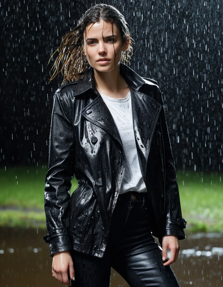 professional photo of young woman, in soaking wet, drenched clothes, wet clothes stuck to body, detailed textures of the wet clothes, wet face, wet plastered hair, wet, drenched, wet skin, damp fabric, wearing a water-drenched white oversize leather button shirt, black leather jacket, saturated, black trench coat, skin tight black leather jeans, saturated, and black leather ankle boots, soaked and glistening, standing in heavy rain, streaming raindrops, fabric transparency, high-contrast water cling, storm aftermath atmosphere, cinematic lighting, at night, close up, water dripping from hem, sharp focus, photorealistic, ultra-detailed fabric texture, realistic colors, RAW photo, professionally color graded