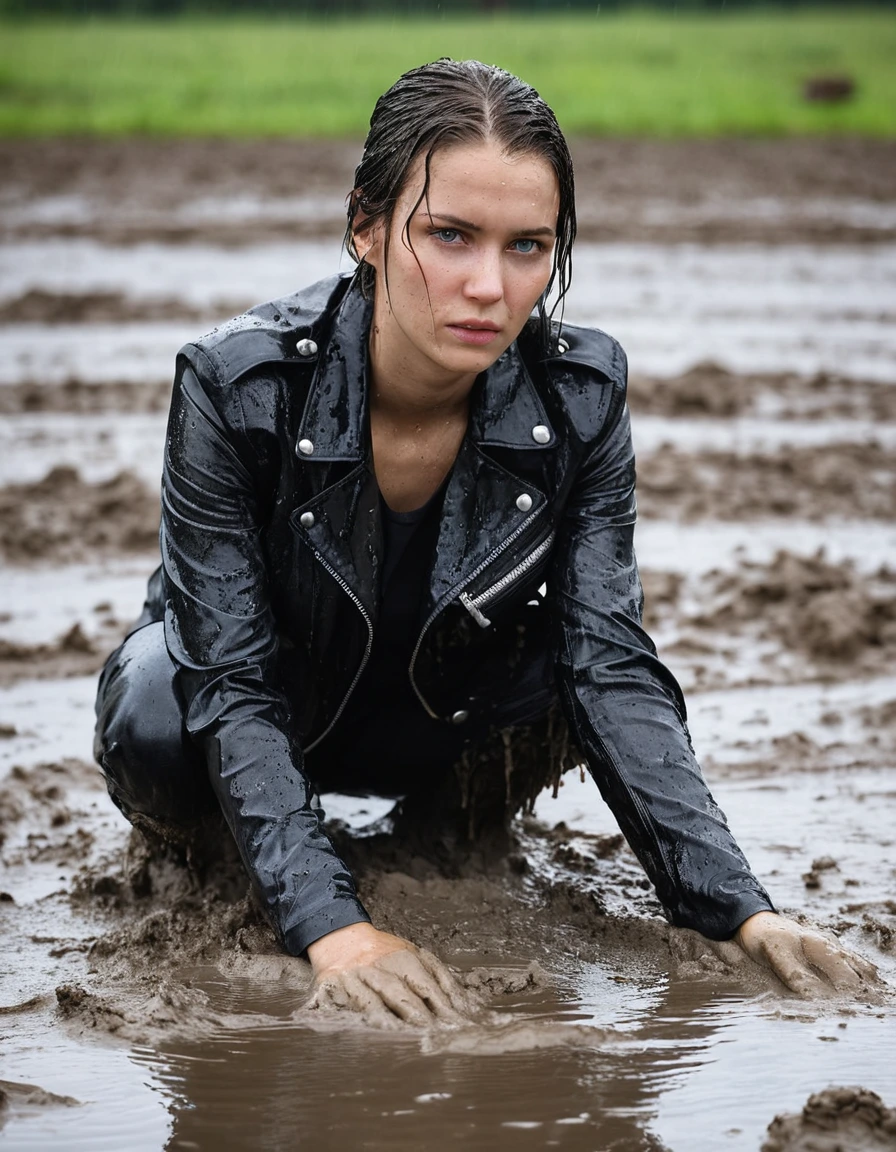 professional photo of young woman, in soaking wet, drenched clothes, wet clothes stuck to body, detailed textures of the wet clothes, wet face, wet plastered hair, wet, drenched, wet skin, damp fabric, wearing a water-drenched white latex shirt, a black leather jacket, saturated, skin tight black leather jeans, saturated, and black leather ankle boots, soaked and glistening, lying submerged in a mud pool in a field, covered in mud, mud up to shoulders, heavy rain, streaming raindrops, fabric transparency, high-contrast water cling, storm aftermath atmosphere, cinematic lighting, close up, full body view, detailed fabric texture, sharp focus, photorealistic, ultra-detailed fabric texture, realistic colors, RAW photo, professionally color graded