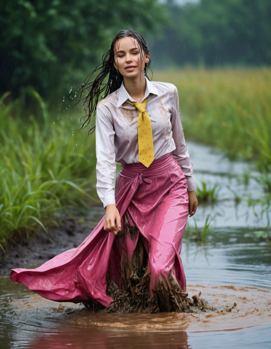 photo of young woman, in soaking wet, drenched clothes,
heels, pink maxi skirt, yellow long sleeved blouse, necktie, muddy swamp, 
enjoying, wet clothes stuck to body,
detailed textures of the wet clothes, wet face, wet plastered hair,
wet, drenched, professional, high-quality details, full body view.
sharp focus, ultra-high pixel detail, realistic, high-quality, full colors, incredibly detailed, 4k, 8k, 16k, hyper-realistic, RAW photo, masterpiece, ultra-detailed, professionally color graded, professional photograph, happy, joyful, dancing in heavy rain,, wet skin, wet clothes, damp fabric