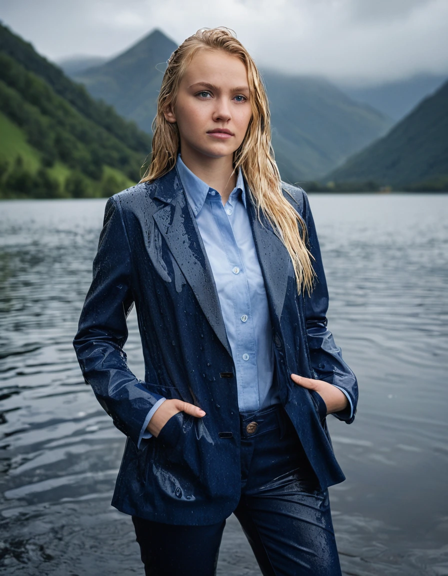 professional photo of young woman, 20 year old beautiful white blonde woman with side parting long hair, in soaking wet, drenched clothes, wet clothes stuck to body, detailed textures of the wet clothes, wet face, wet plastered hair, wet, drenched, wet skin, damp fabric, wearing a dark blue business suit jacket with light blue button down business shirt longsleeve and dark blue long business trouser, breast deep submerged in a clear mountain lake, heavy rainstorm, big rainshower, looks confidently into camera, full body view, detailed fabric texture, sharp focus, photorealistic, ultra-detailed fabric texture, realistic colors, RAW photo, professionally color graded