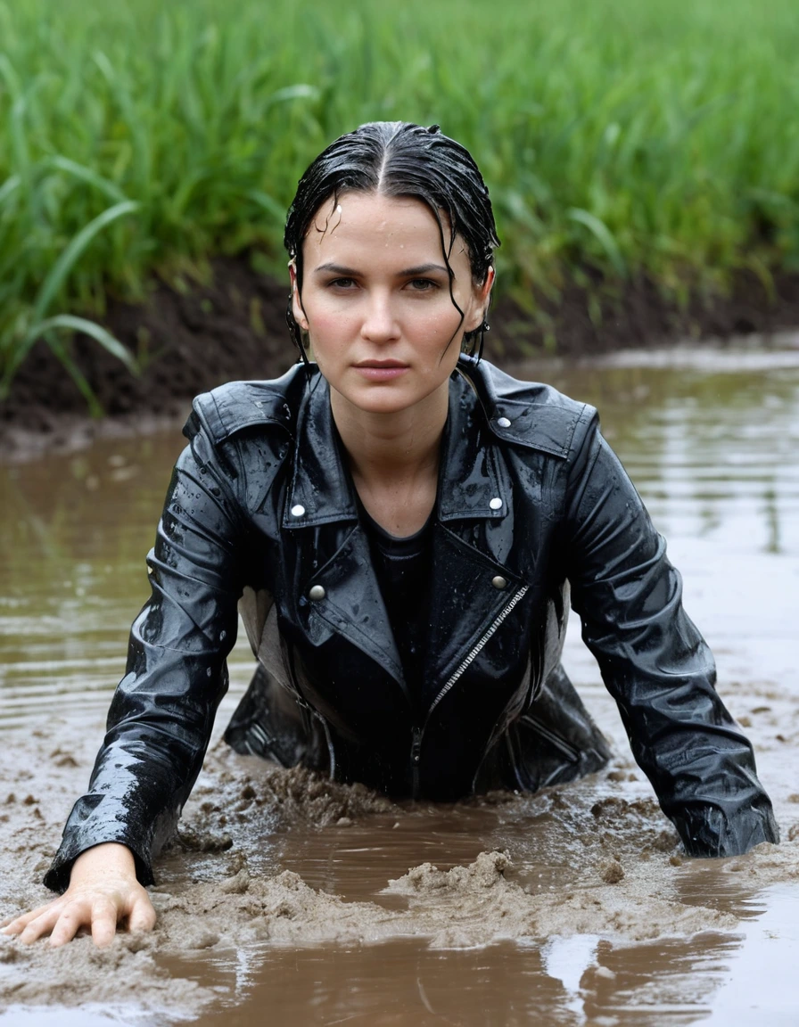 photo of young woman, in soaking wet, drenched clothes,
Black leather ankle boots, soaked and glistening , skin tight black leather jeans, saturated, water-drenched white latex shirt, black leather jacket, saturated, lying submerged in a mud pool in a field, covered in mud, heavy rain, drenched, close up, mud up to shoulders, 
enjoying, wet clothes stuck to body,
detailed textures of the wet clothes, wet face, wet plastered hair,
wet, drenched, professional, high-quality details, full body view.
sharp focus, ultra-high pixel detail, realistic, high-quality, full colors, incredibly detailed, 4k, 8k, 16k, hyper-realistic, RAW photo, masterpiece, ultra-detailed, professionally color graded, professional photograph, streaming raindrops, fabric transparency, high-contrast water cling, cinematic lighting, photorealistic, 8k, water dripping from hem, storm aftermath atmosphere, wet skin, wet clothes, damp fabric
