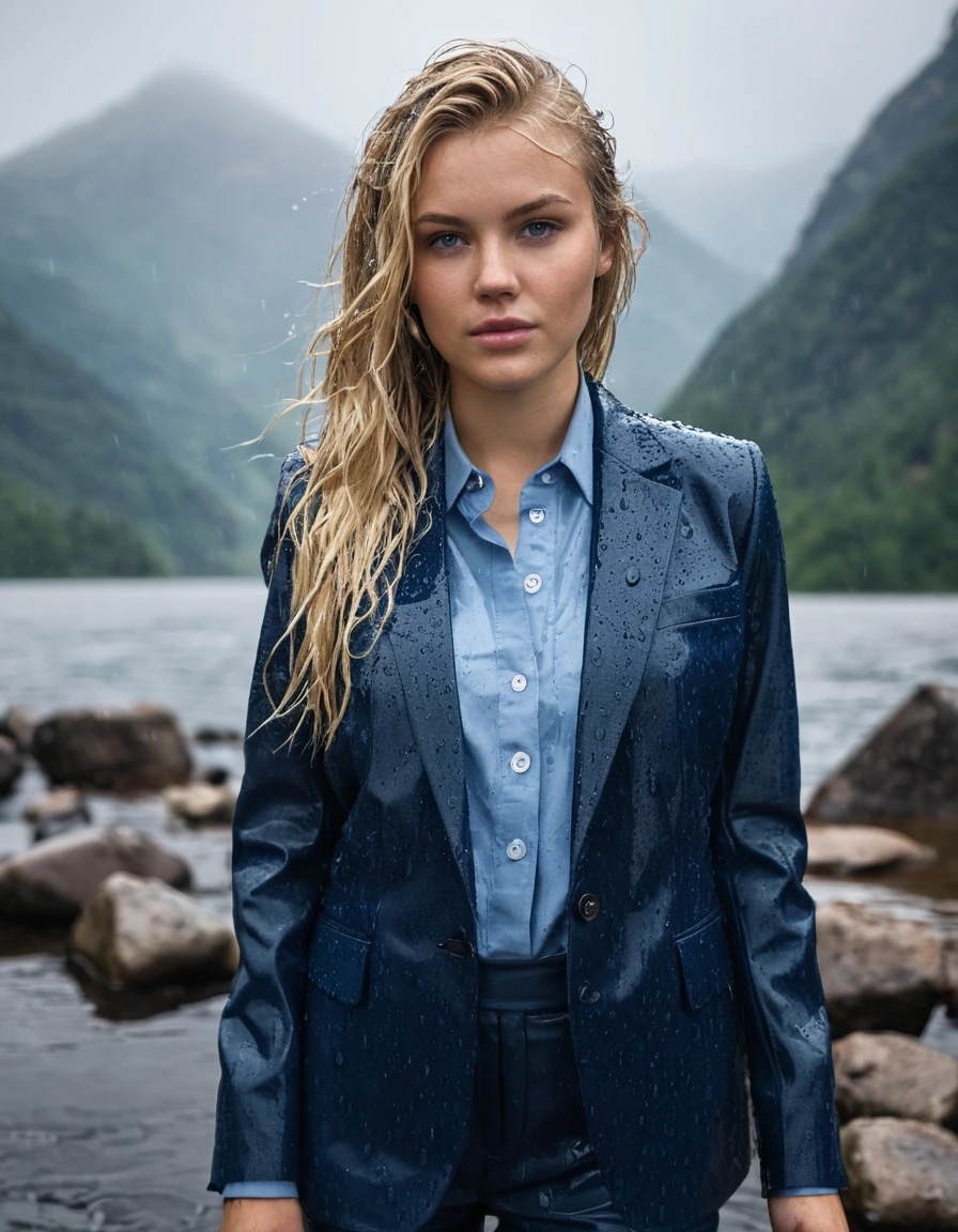 professional photo of young woman, 20 year old beautiful white blonde woman, in soaking wet, drenched clothes, wet clothes stuck to body, detailed textures of the wet clothes, wet face, wet plastered hair, wet, drenched, wet skin, damp fabric, side parting long hair, wearing a dark blue business suit jacket with light blue button down business shirt longsleeve and dark blue long business trouser, soaked tailored fabric, breast deep submerged in a clear mountain lake, heavy rainstorm, big rainshower, looks confidently into camera, full body view, detailed fabric texture, sharp focus, photorealistic, ultra-detailed fabric texture, realistic colors, RAW photo, professionally color graded