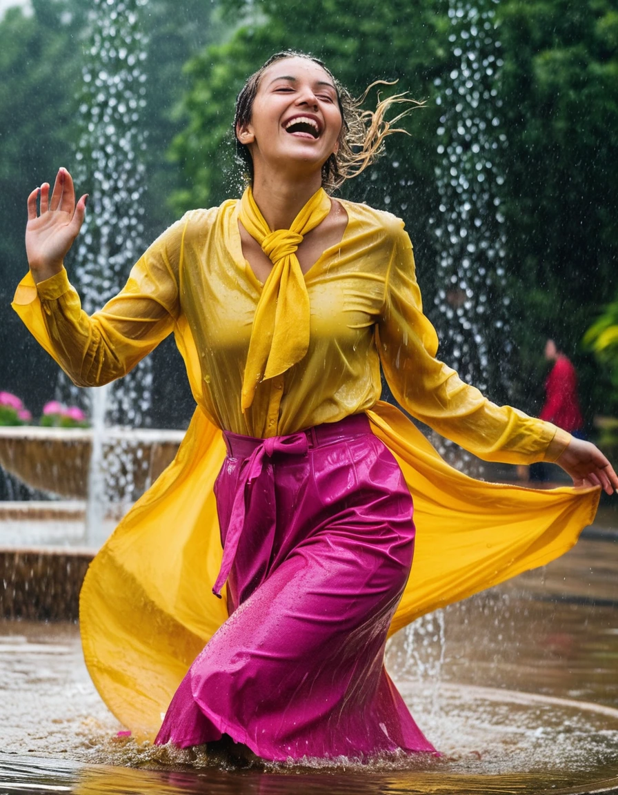 professional photo of young woman, in soaking wet, drenched clothes, wet clothes stuck to body, detailed textures of the wet clothes, wet face, wet plastered hair, wet, drenched, wet skin, damp fabric, wearing a yellow long sleeved blouse with a necktie and a pink maxi skirt, wearing heels, happy and joyful expression, dancing in heavy rain, fountain location with splashing water droplets, full body view, sharp focus, photorealistic, ultra-detailed fabric texture, realistic colors, RAW photo, professionally color graded