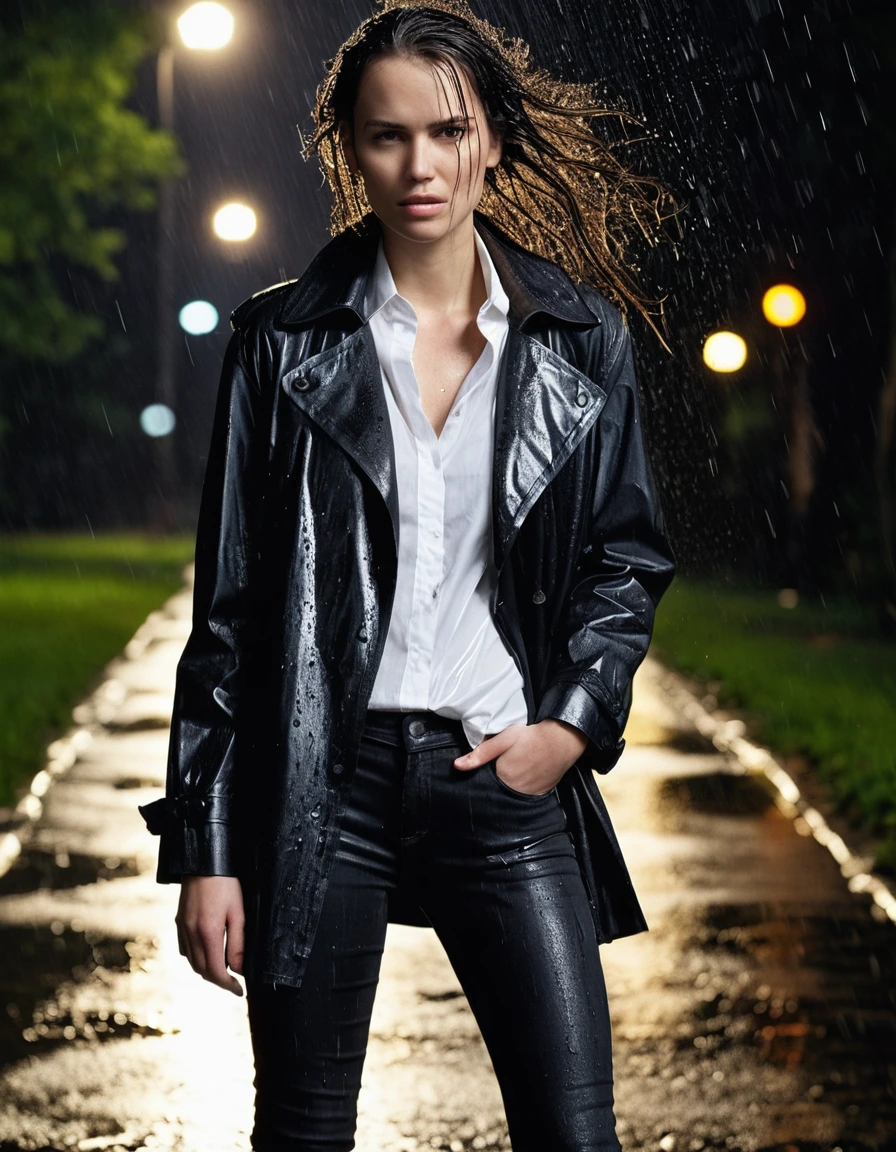 professional photo of young woman, in soaking wet, drenched clothes, wet clothes stuck to body, detailed textures of the wet clothes, wet face, wet plastered hair, wet, drenched, wet skin, damp fabric, wearing a water-drenched white oversize leather button shirt, black leather jacket, saturated, black trench coat, skin tight black leather jeans, saturated, black leather ankle boots, soaked and glistening, streaming raindrops, fabric transparency, high-contrast water cling, water dripping from hem, standing in heavy rain at night, storm aftermath atmosphere, cinematic lighting, close up, sharp focus, photorealistic, ultra-detailed fabric texture, realistic colors, RAW photo, professionally color graded