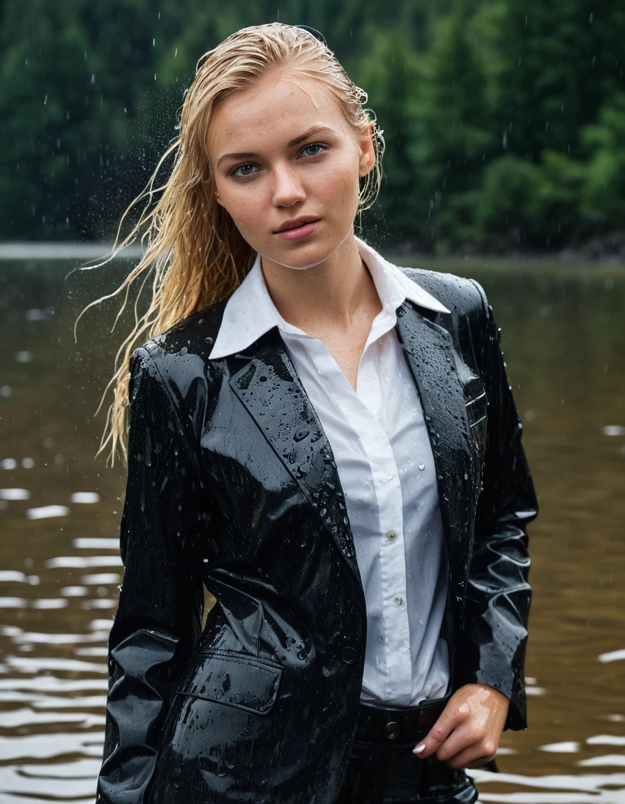 professional photo of young woman, 20 year old beautiful blonde, side parting long hair, in soaking wet, drenched clothes, wet clothes stuck to body, detailed textures of the wet clothes, wet face, wet plastered hair, wet, drenched, wet skin, damp fabric, wearing a black business suit jacket with white button down business shirt longsleeve and black long business trouser, clothes are soaked tailored fabric with realistic structure, breast deep submerged, looks confidently into camera, swimming in a clear mountain lake during a heavy rainstorm, heavy rain, water droplets, cinematic atmosphere, full body view, sharp focus, photorealistic, ultra-detailed fabric texture, realistic colors, RAW photo, professionally color graded