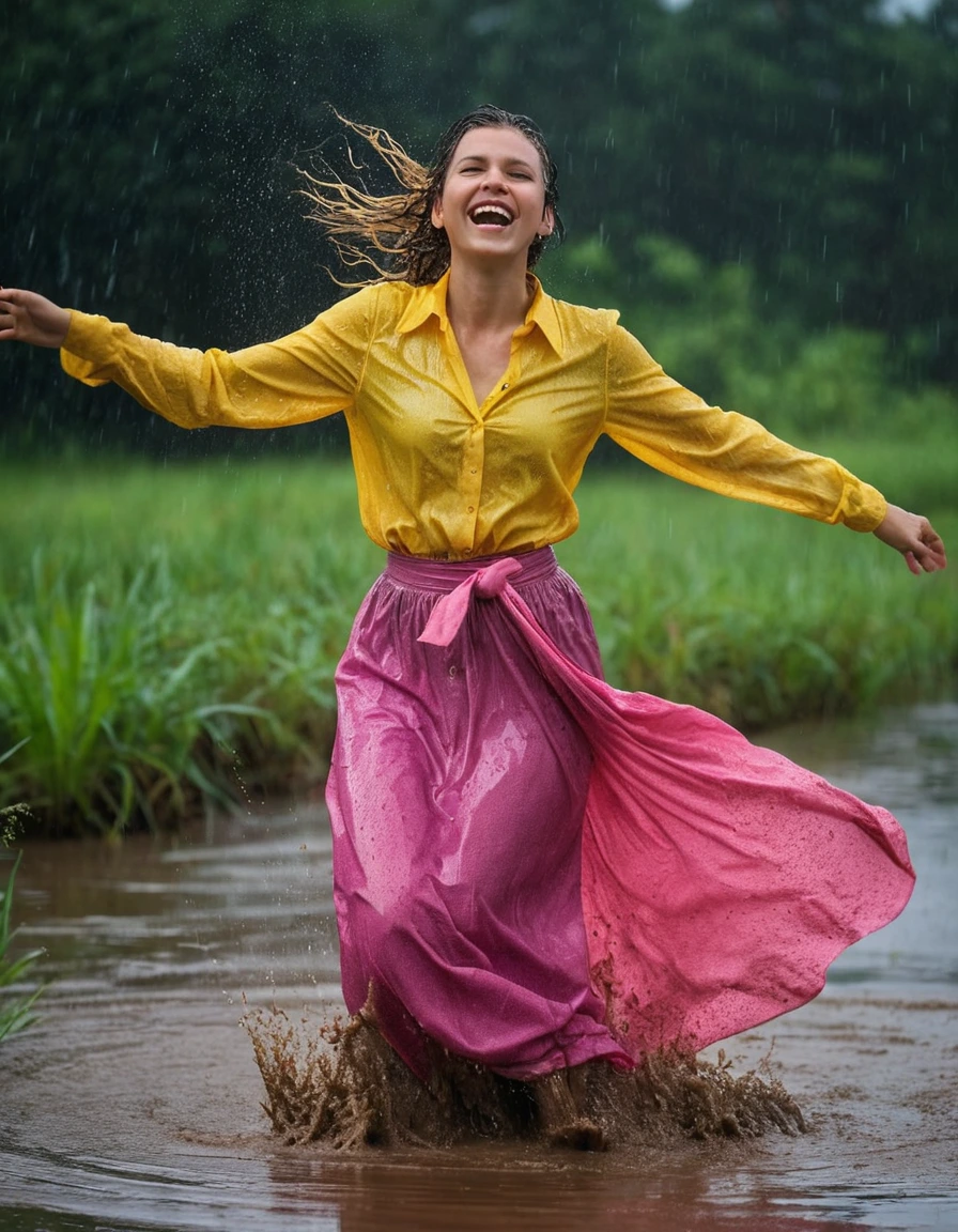 professional photo of young woman, in soaking wet, drenched clothes, wet clothes stuck to body, detailed textures of the wet clothes, wet face, wet plastered hair, wet, drenched, wet skin, damp fabric, wearing a yellow long sleeved blouse with a necktie and a pink maxi skirt, wearing heels, happy and joyful, dancing in heavy rain, muddy swamp environment, cinematic atmosphere, storm lighting, full body view, detailed fabric texture, sharp focus, photorealistic, ultra-detailed fabric texture, realistic colors, RAW photo, professionally color graded