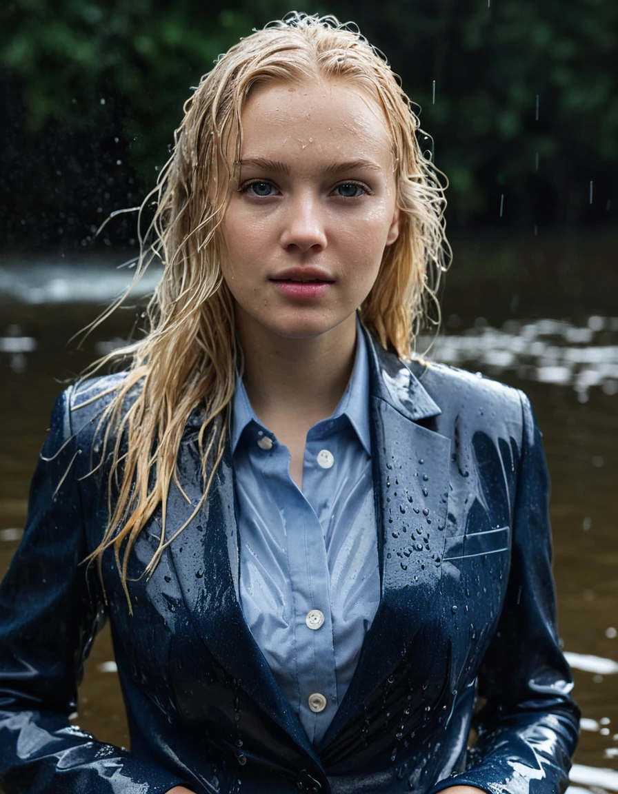 professional photo of young woman, 20 year old beautiful white blonde woman, in soaking wet, drenched clothes, wet clothes stuck to body, detailed textures of the wet clothes, wet face, wet plastered hair, wet, drenched, wet skin, damp fabric, long hair with side parting, wearing a dark blue business suit jacket with light blue button down business shirt longsleeve and dark blue long business trouser, breast deep submerged in a clear mountain lake, heavy rainstorm, big rainshower, looking confidently into camera, full body view, detailed fabric texture, soaked tailored fabric, sharp focus, photorealistic, ultra-detailed fabric texture, realistic colors, RAW photo, professionally color graded