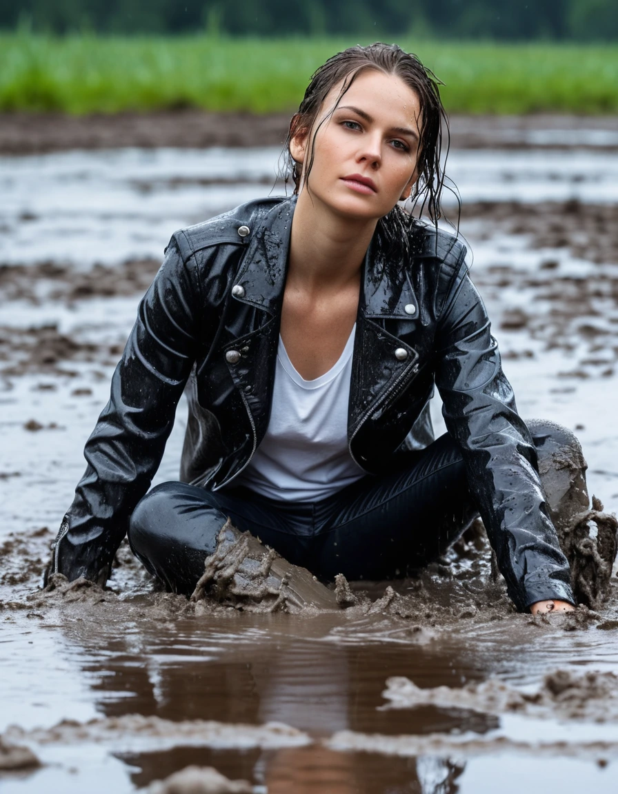 photo of young woman, in soaking wet, drenched clothes,
Black leather ankle boots, soaked and glistening , skin tight black leather jeans, saturated, water-drenched white latex shirt, black leather jacket, saturated, lying submerged in a mud pool in a field, covered in mud, heavy rain, drenched, close up, mud up to shoulders, 
enjoying, wet clothes stuck to body,
detailed textures of the wet clothes, wet face, wet plastered hair,
wet, drenched, professional, high-quality details, full body view.
sharp focus, ultra-high pixel detail, realistic, high-quality, full colors, incredibly detailed, 4k, 8k, 16k, hyper-realistic, RAW photo, masterpiece, ultra-detailed, professionally color graded, professional photograph, streaming raindrops, fabric transparency, high-contrast water cling, cinematic lighting, photorealistic, 8k, water dripping from hem, storm aftermath atmosphere, wet skin, wet clothes, damp fabric