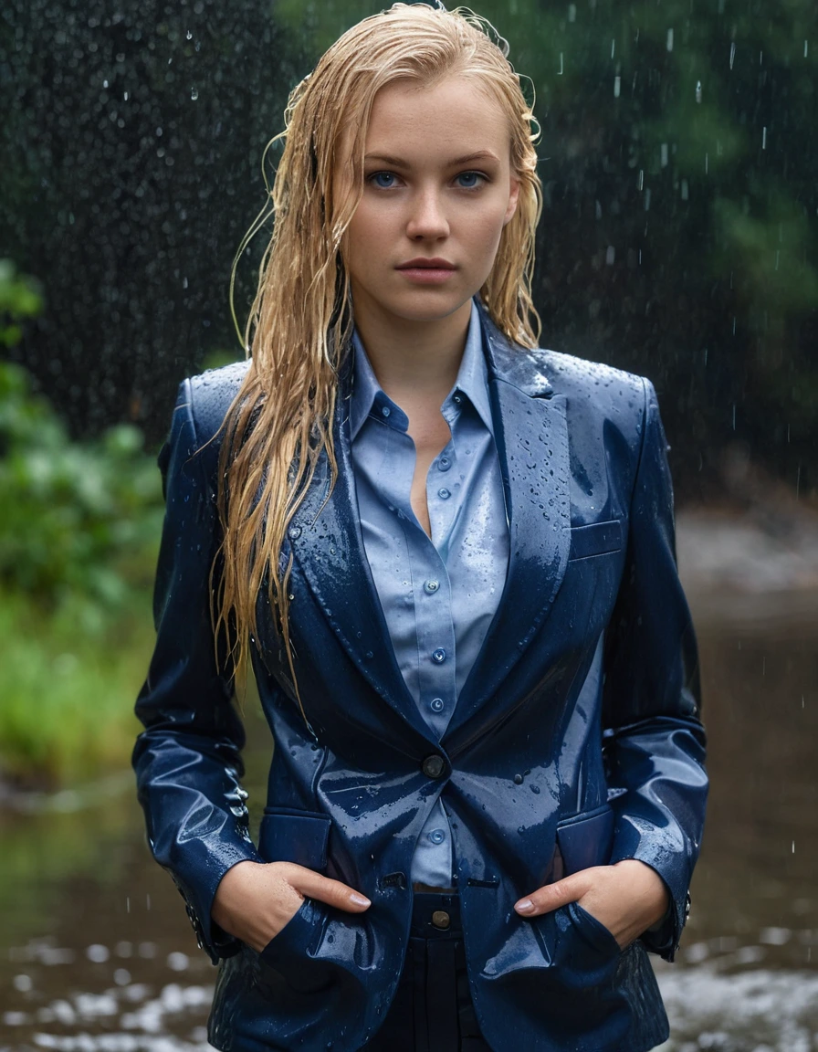 professional photo of young woman, 20 year old beautiful white blonde woman with side parting long hair, in soaking wet, drenched clothes, wet clothes stuck to body, detailed textures of the wet clothes, wet face, wet plastered hair, wet, drenched, wet skin, damp fabric, wearing a dark blue business suit jacket with light blue button down business shirt longsleeve and dark blue long business trouser, clothes are soaked tailored fabric with realistic structure, breast deep submerged in clear mountain lake, standing under a big heavy rainshower during a rain storm, looks confidently into camera, full body view, detailed fabric texture, sharp focus, photorealistic, ultra-detailed fabric texture, realistic colors, RAW photo, professionally color graded