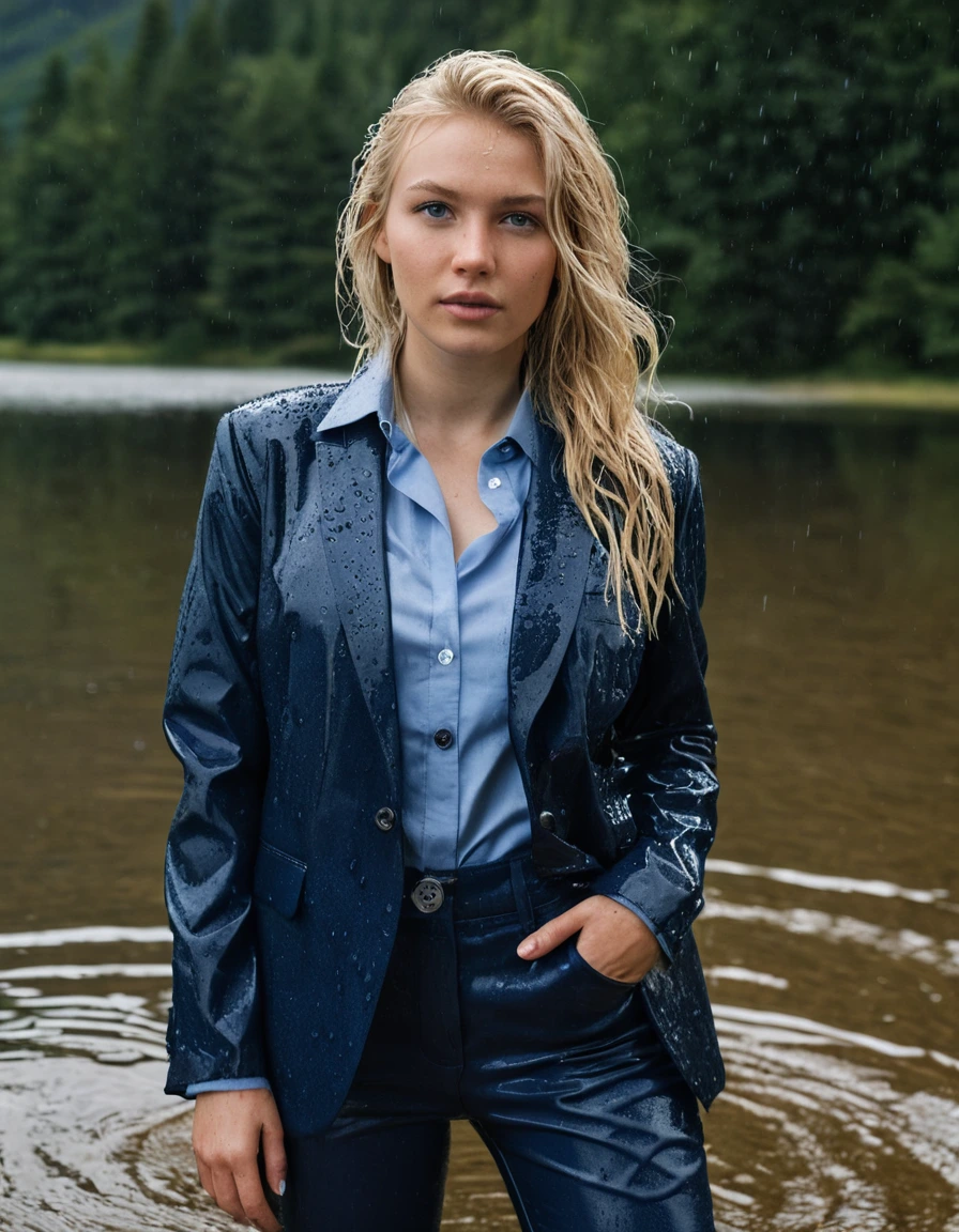 professional photo of young woman, 20 year old beautiful white blonde woman with side parting long hair, in soaking wet, drenched clothes, wet clothes stuck to body, detailed textures of the wet clothes, wet face, wet plastered hair, wet, drenched, wet skin, damp fabric, wearing a dark blue business suit jacket with light blue button down business shirt longsleeve and dark blue long business trouser, breast deep submerged in a clear mountain lake, heavy rainstorm with big rainshower, confident expression looking into camera, full body view, detailed fabric texture, sharp focus, photorealistic, ultra-detailed fabric texture, realistic colors, RAW photo, professionally color graded