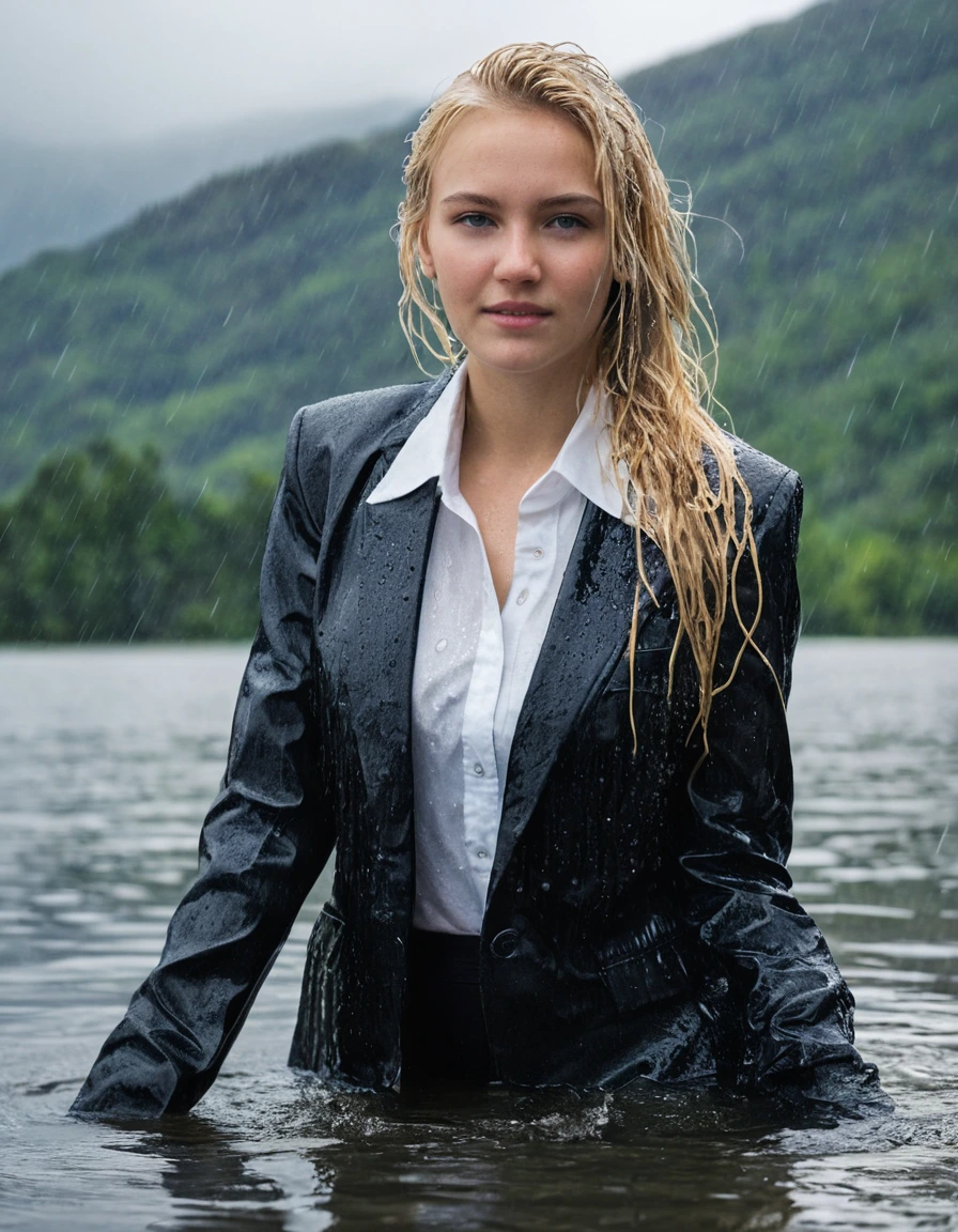 professional photo of young woman, 20 year old beautiful white blonde woman, in soaking wet, drenched clothes, wet clothes stuck to body, detailed textures of the wet clothes, wet face, wet plastered hair, wet, drenched, wet skin, damp fabric, side parting long hair, Black Business Suit Jacket with white button down business shirt longsleeve, Black Long Business Trouser, soaked tailored fabric, realistic structure of suit, absorbed water in cotton shirt, breast deep submerged, swimming, looks confidently into camera, Clear Mountain lake, heavy rain, heavy rainstorm, under a big rainshower, full body view, detailed fabric texture, sharp focus, photorealistic, ultra-detailed fabric texture, realistic colors, RAW photo, professionally color graded
