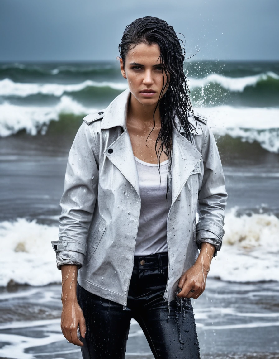 professional photo of young woman, in soaking wet, drenched clothes, wet clothes stuck to body, detailed textures of the wet clothes, wet face, wet plastered hair, wet, drenched, wet skin, damp fabric, streaming raindrops, fabric transparency, high-contrast water cling, water dripping from hem, wearing a water-drenched white oversize leather t-shirt, black leather jacket, saturated, black trench coat, skin tight black leather jeans, saturated, black leather ankle boots, soaked and glistening, standing in the waves at the beach, waves breaking, heavy rain at night, storm aftermath atmosphere, cinematic lighting, close up, sharp focus, photorealistic, ultra-detailed fabric texture, realistic colors, RAW photo, professionally color graded