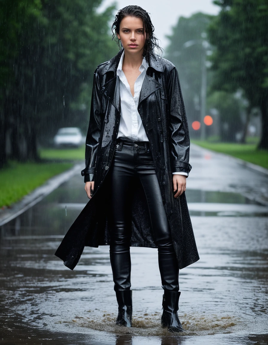 professional photo of young woman, in soaking wet, drenched clothes, wet clothes stuck to body, detailed textures of the wet clothes, wet face, wet plastered hair, wet, drenched, wet skin, damp fabric, wearing a water-drenched white oversize leather button shirt, black leather jacket, saturated, black trench coat, skin tight black leather jeans, saturated, and black leather ankle boots, soaked and glistening, standing in heavy rain, streaming raindrops, fabric transparency, high-contrast water cling, storm aftermath atmosphere, cinematic lighting, at night, close up, water dripping from hem, sharp focus, photorealistic, ultra-detailed fabric texture, realistic colors, RAW photo, professionally color graded
