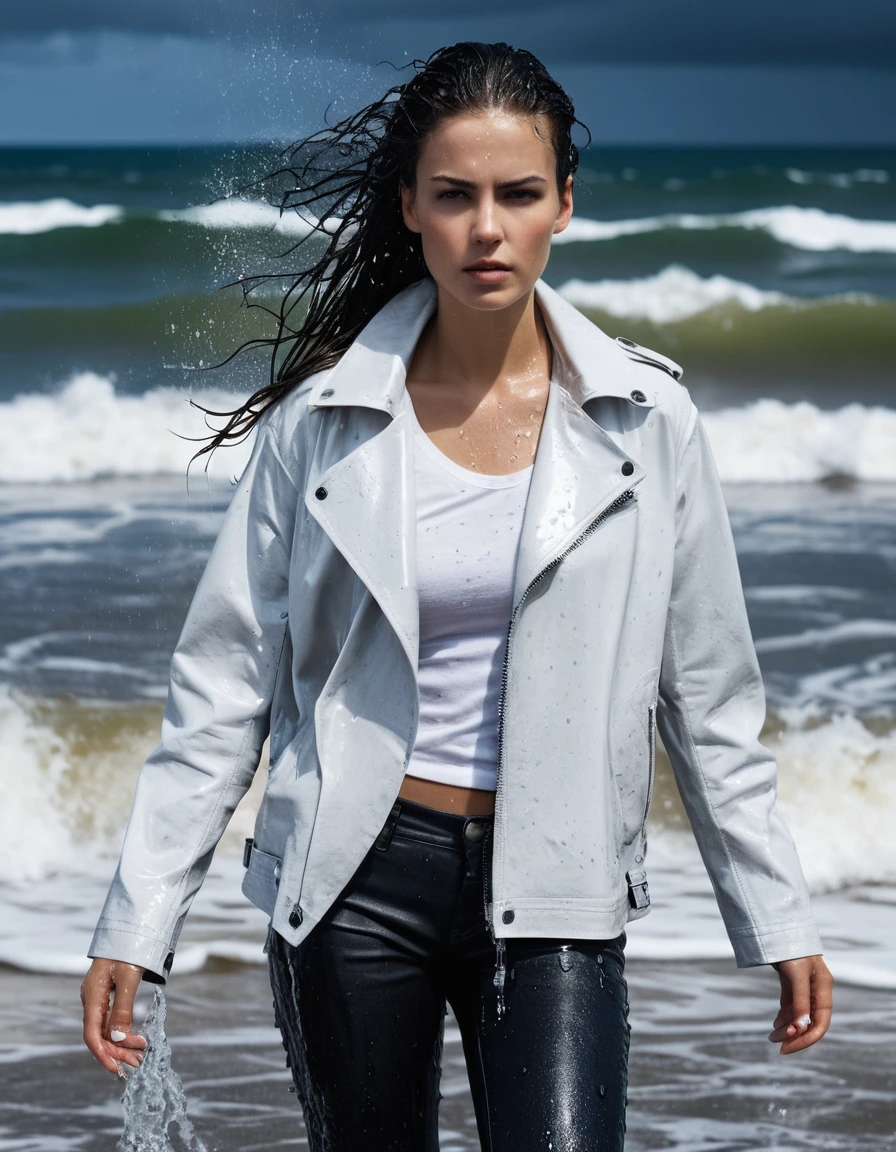 professional photo of young woman, in soaking wet, drenched clothes, wet clothes stuck to body, detailed textures of the wet clothes, wet face, wet plastered hair, wet, drenched, wet skin, damp fabric, streaming raindrops, fabric transparency, high-contrast water cling, water dripping from hem, wearing a water-drenched white oversize leather t-shirt, black leather jacket, saturated, black trench coat, skin tight black leather jeans, saturated, black leather ankle boots, soaked and glistening, standing in the waves at the beach, waves breaking, heavy rain at night, storm aftermath atmosphere, cinematic lighting, sharp focus, photorealistic, ultra-detailed fabric texture, realistic colors, RAW photo, professionally color graded